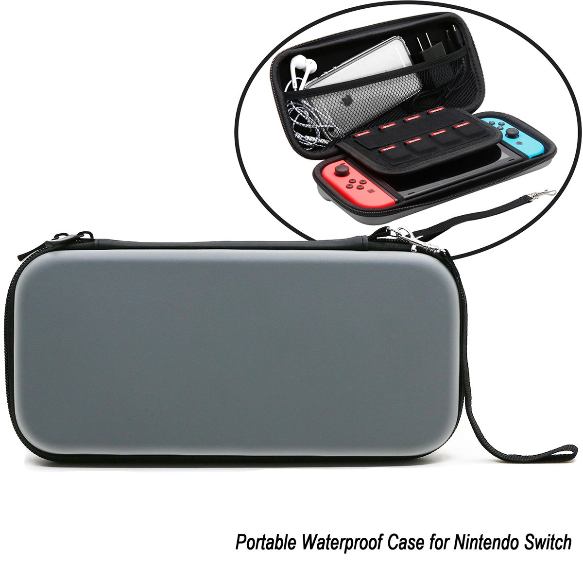 ADVcer Carrying Case for Nintendo Switch, EVA Waterproof Hard Shield Protective Travel Case w/ Detachable Hand Wrist Strap Compatible with Nintendo Switch Console, Joy-Con Controller, Game Card (Gray)
