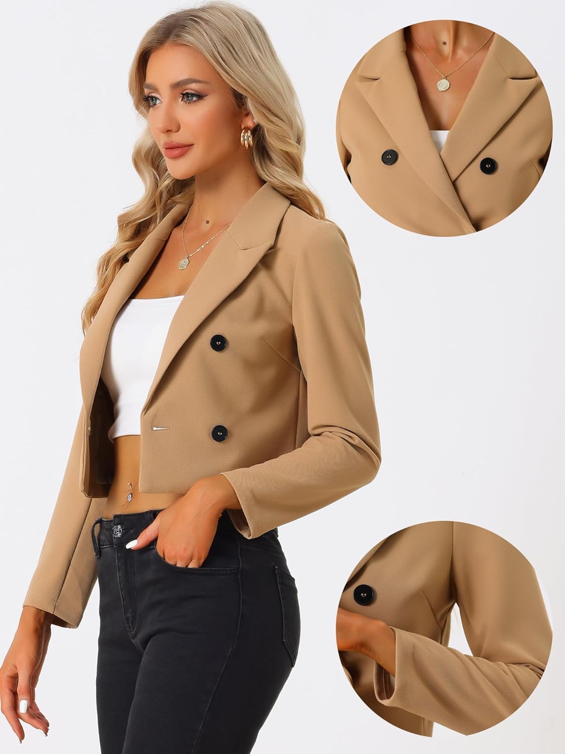 Allegra K Dressy Casual Cropped Blazer for Women's Long Sleeve Double Breasted Work Office Jacket
