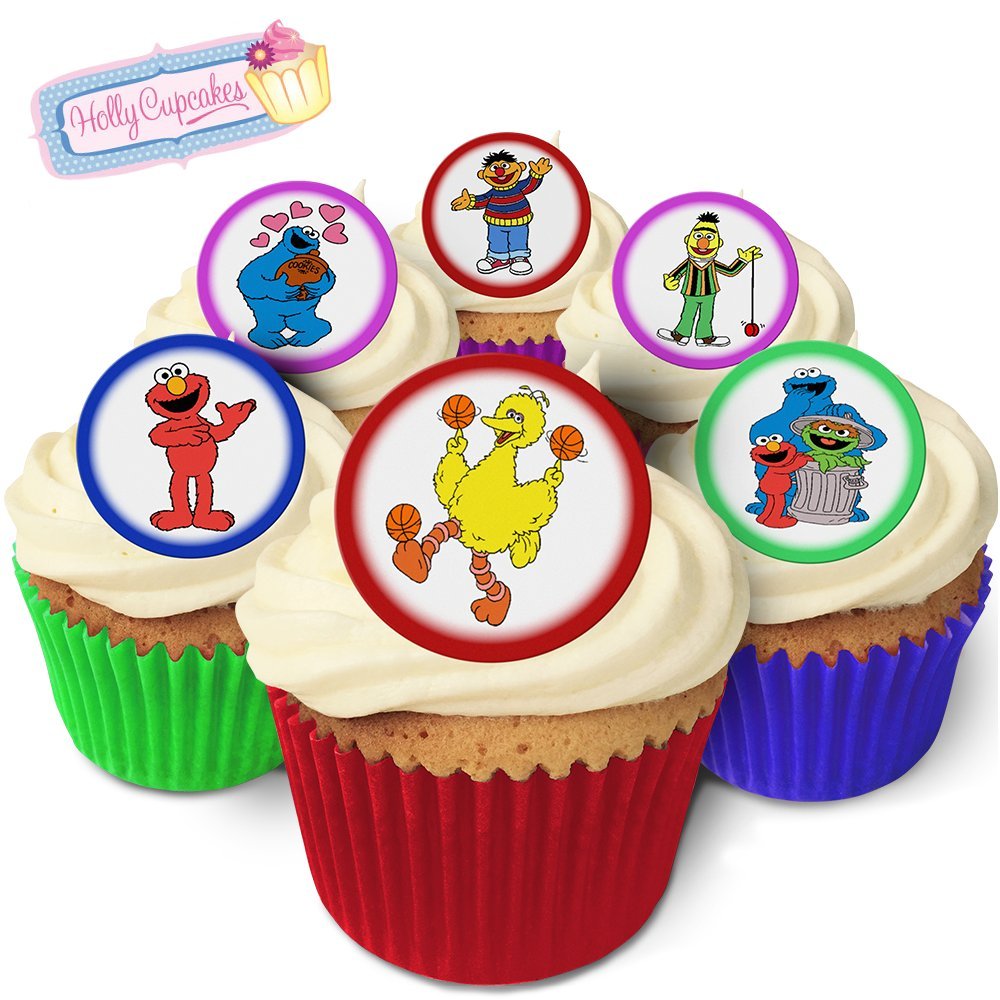 Holly Cupcakes 24 Edible Pre-Cut Wafer Round Cake Toppers: Drawings inspired by 'Sesame Street'