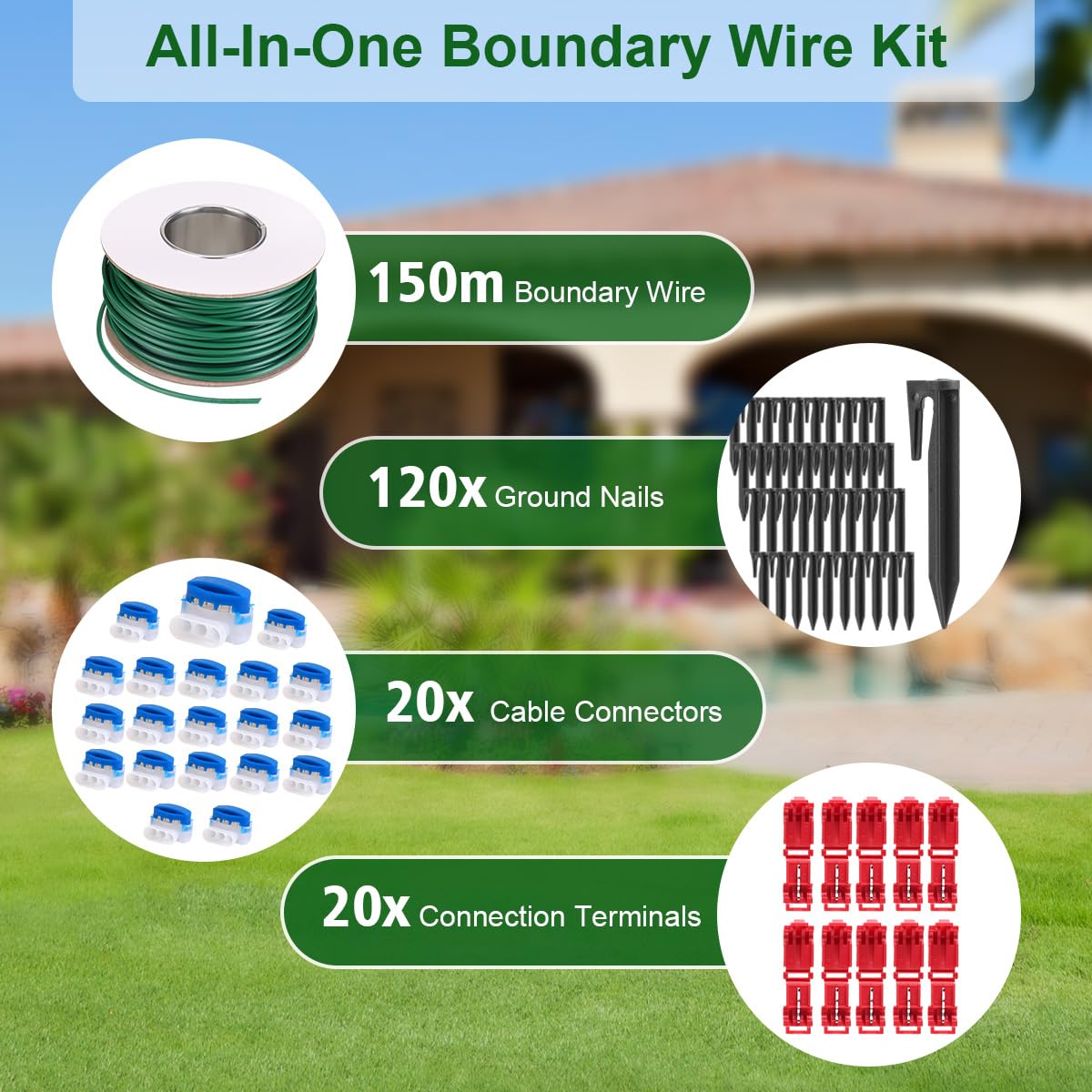 150M Cable Robot Tondeuse +120 Piquets +20 Connecteurs de Câble +20 Connecteur de Dérivation en T, Fil Robot Tondeuse Peripherique Accessoires Gazon, Compatible avec Gardena Bosch Husqvarna Worx etc