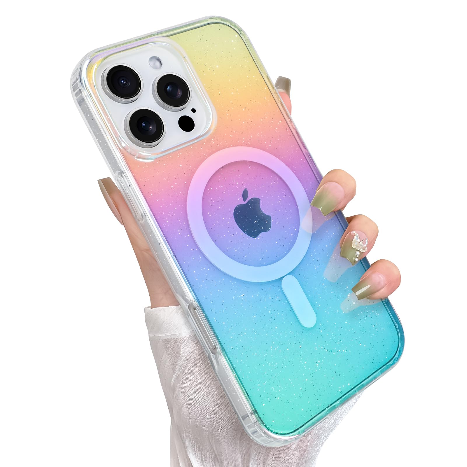 Heaofei Glitter Case for iPhone 16 Pro Max Case for Women Girls [ Compatible with Magsafe ] Clear Cute Girly Aesthetic Iridescent Rainbow Sparkly