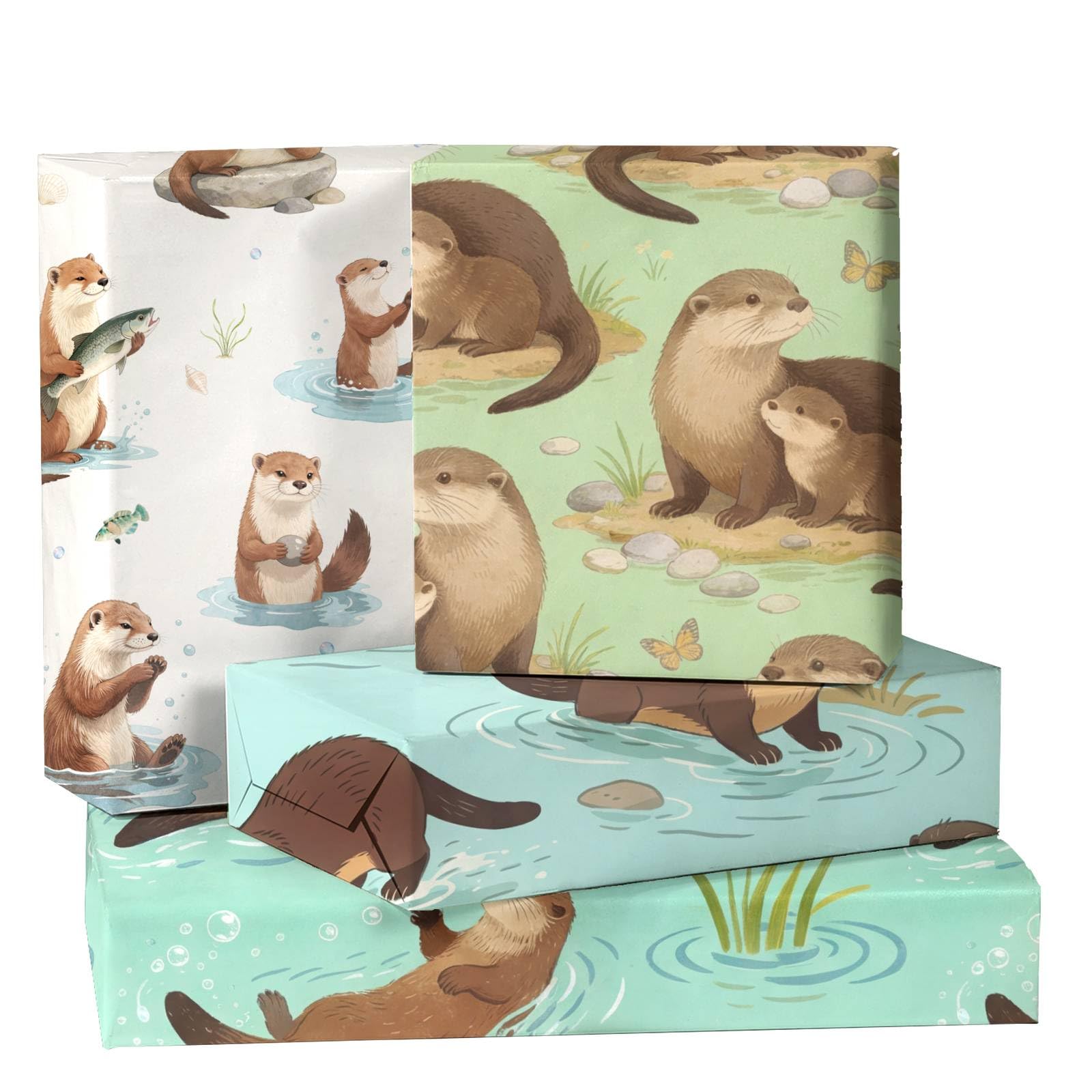 GleeWrap 12 Sheets Otter Wrapping Paper, Premium Vintage Animal Gift Wrap, Cute Countryside Cottagecore Pattern Design for Kids,Birthdays, Father's Day, Anniversaries and Holiday, 50×70cm
