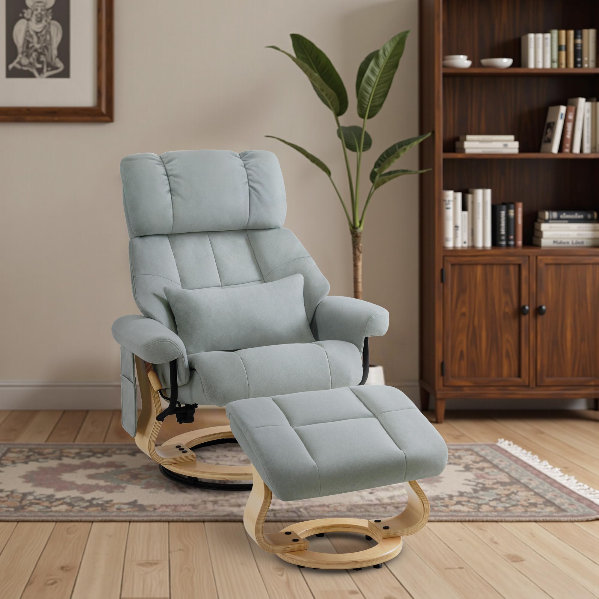 M MCombo Relaxsessel mit Hocker, Drehbare Fernsehsessel mit Liegefunktion, Moderner TV-Sessel Stuhl für Wohnzimmer, mit Kissen & Seitentasche, 9066 (Hellgrau-Mikrofaser)