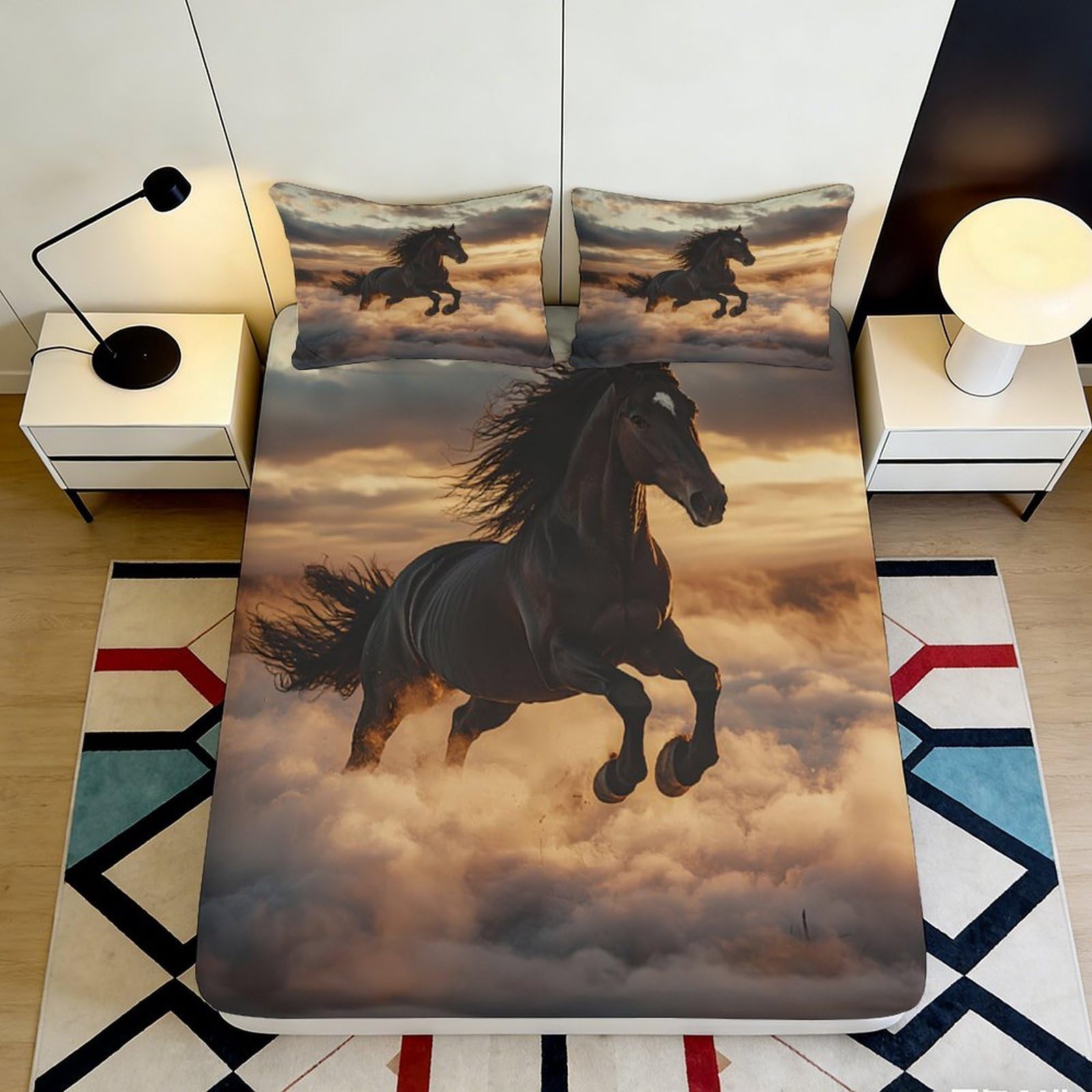 3D Printed Black Horse Sunset Fitted Sheet Microfiber Mattress Cover Anti-Slip Washable Bed Decor for Bedroom Guestroom 160x200x25cm