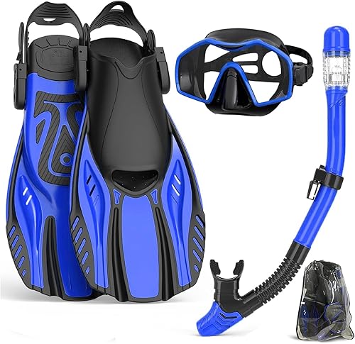 Equipo de esnórquel para adultos, juego de aletas de máscara, máscara de buceo con vista panorámica, antivaho, esnórquel seco, aletas de natación