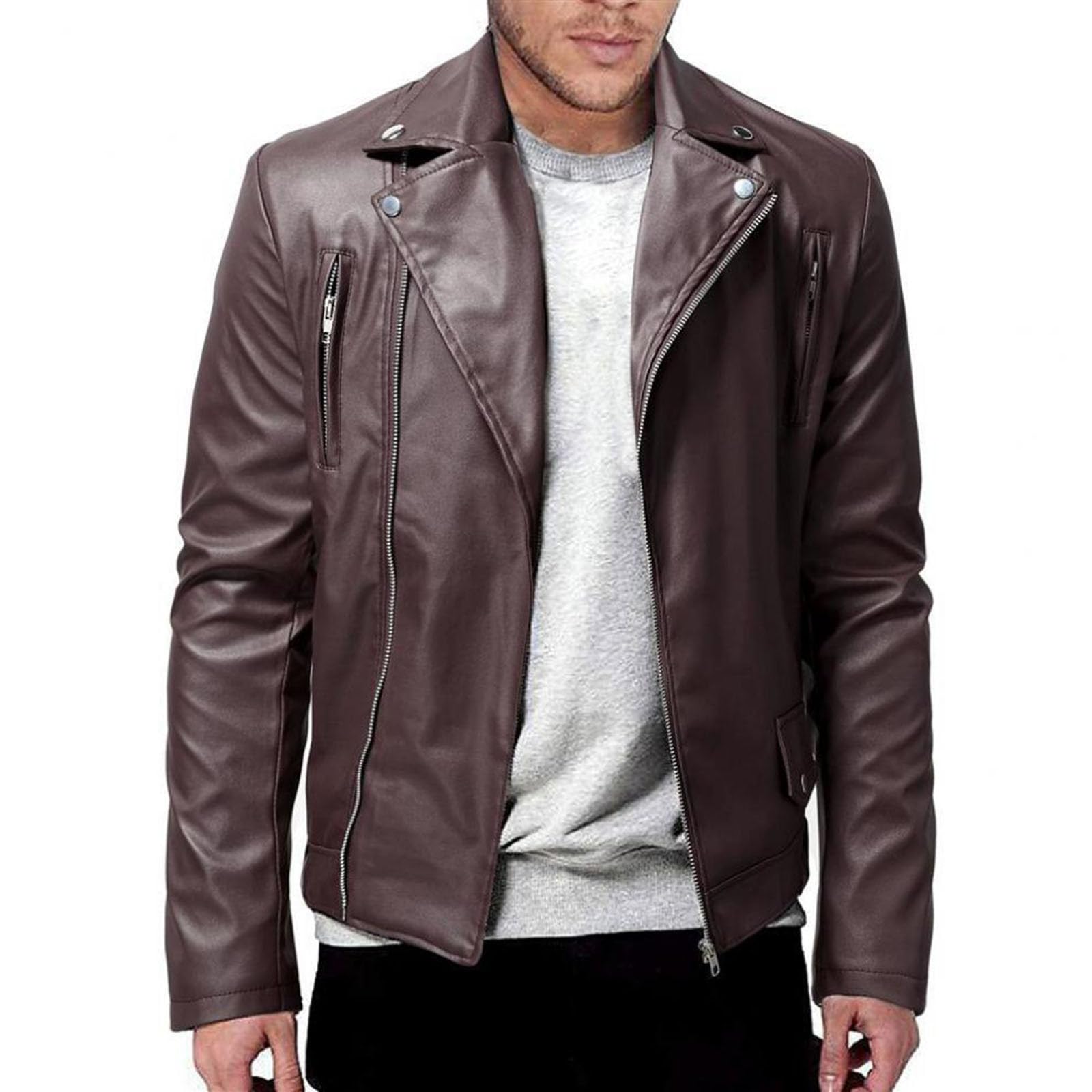 Chaqueta Moto Hombre,Chaqueta de Cuero Manga Larga de Cuello Solapa Clásico Estilo Motero Cazadora de Piel Sintética con Cremallera Color Sólido Chaquetas de Motorista Moda Slim Fit Leather Jacket