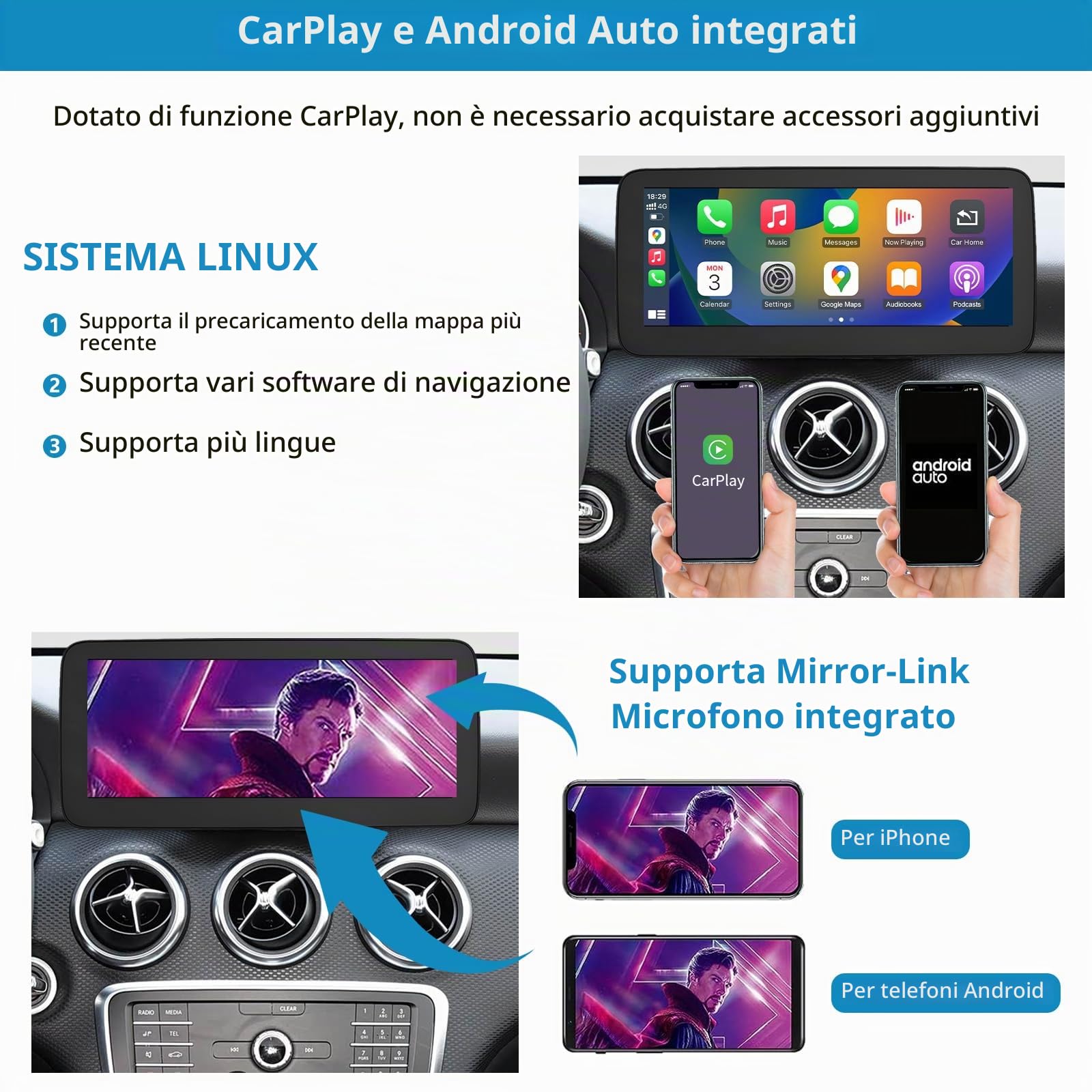Autoradio touchscreen da 10,25 pollici per Mercedes Benz Classe A GLA CLA W176 C117 X117 X156 2016-2018 con NTG 5.0/5.1/5.2, supporta Apple Carplay/Android Auto/Mirrorlink