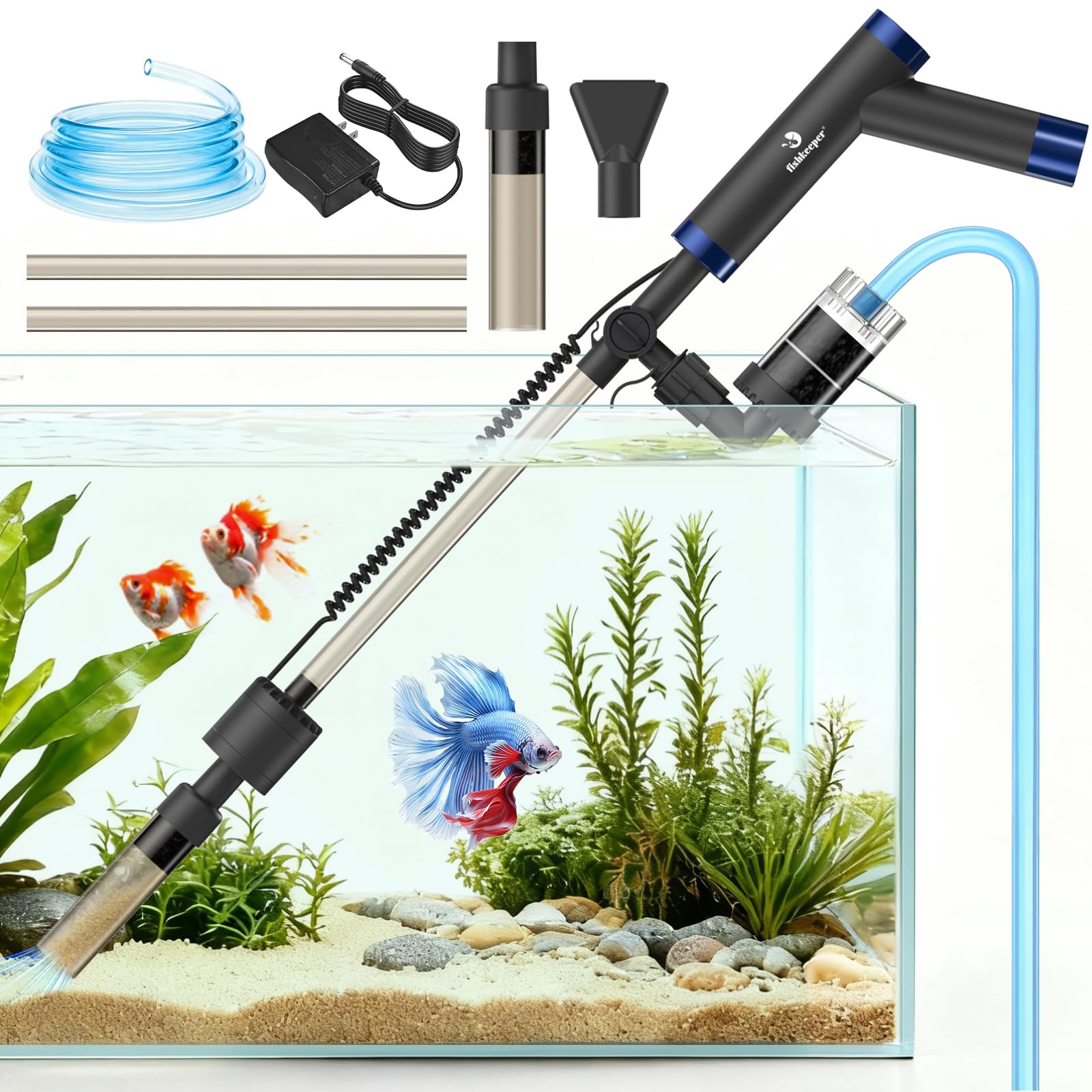 fishkeeper Rechargable Wiederaufladbarer Mulmsauger Aquarium Elektrisch, DC Aquarium Sauger Elektrisch, Durchflussmenge Einstellbar Aquarium Wasserwechsel Pumpe mit Schlauch