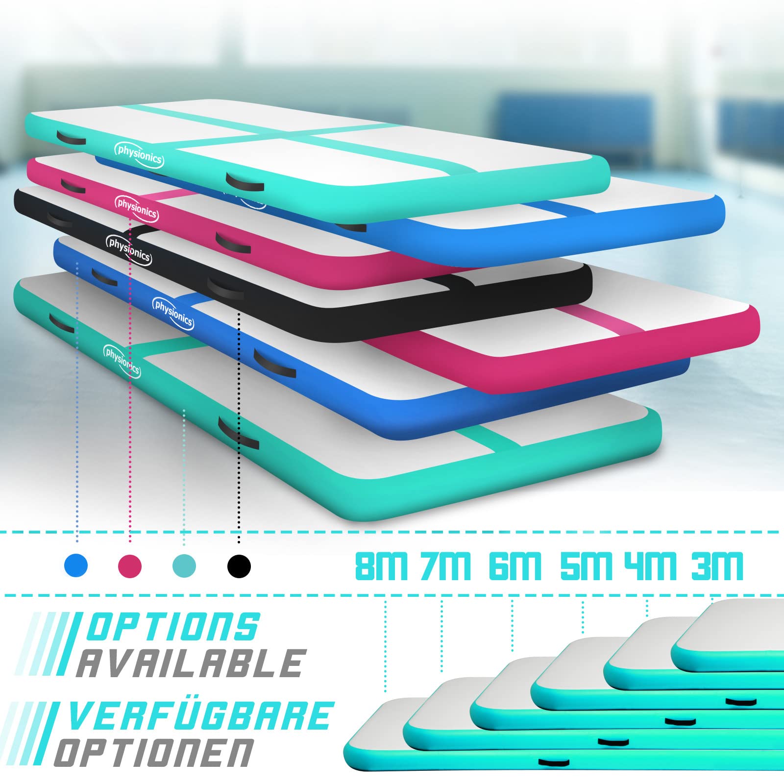 Physionics® Air Matte Track - 3/4/5/6/7/8 m, aufblasbar, mit elektrischer Luftpumpe, Farbwahl - Turnmatte, Gymnastikmatte, Tumbling Matte, Trainingsmatte, Fitnessmatt, Yogamatte