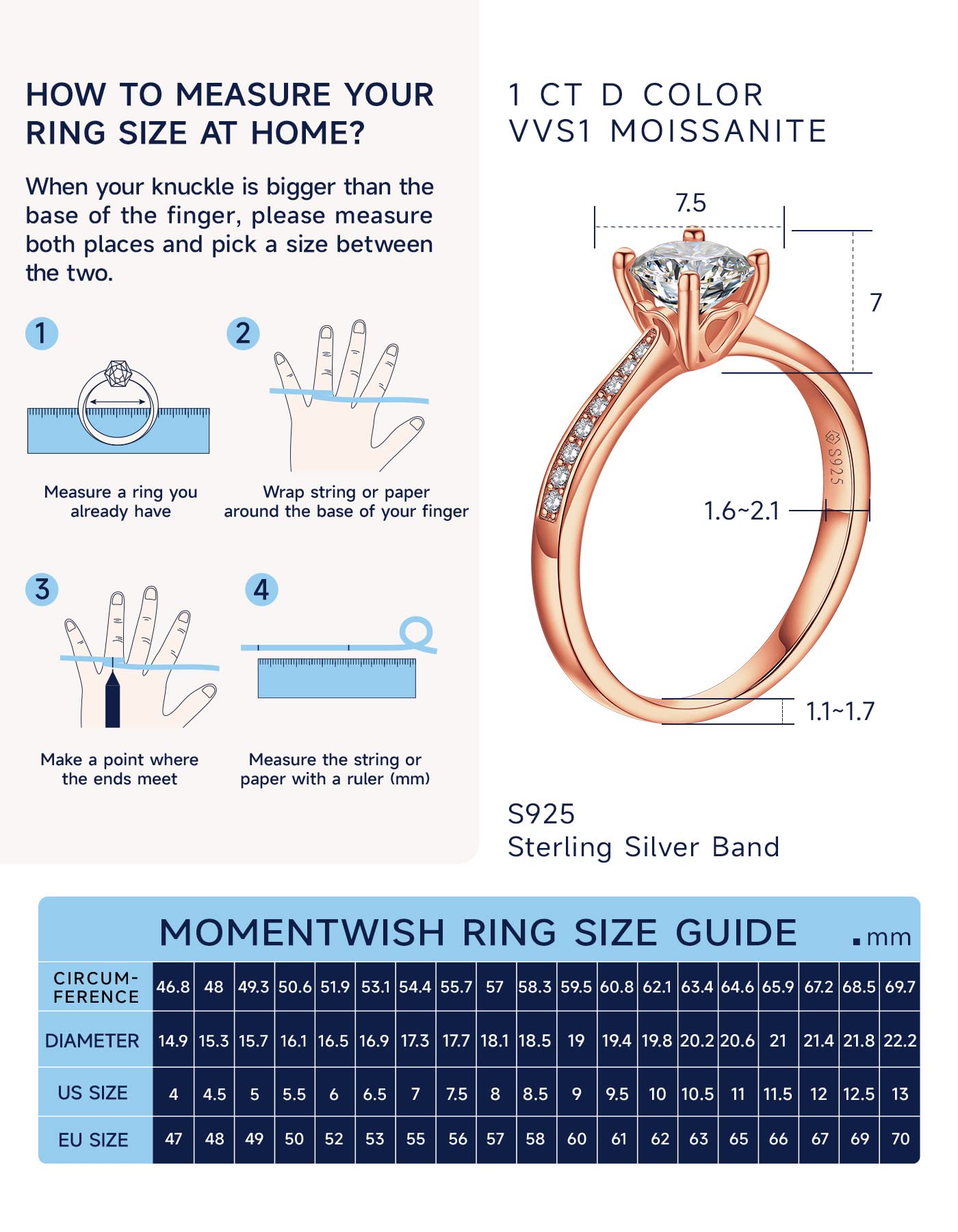 MomentWish Anello Fidanzamento Donna, 1 Carato Moissanite Diamante Anello argento 925 Anello Promessa con Certificato Gra Festa della Mamma Regalo Donna (Argento/Oro rosa)