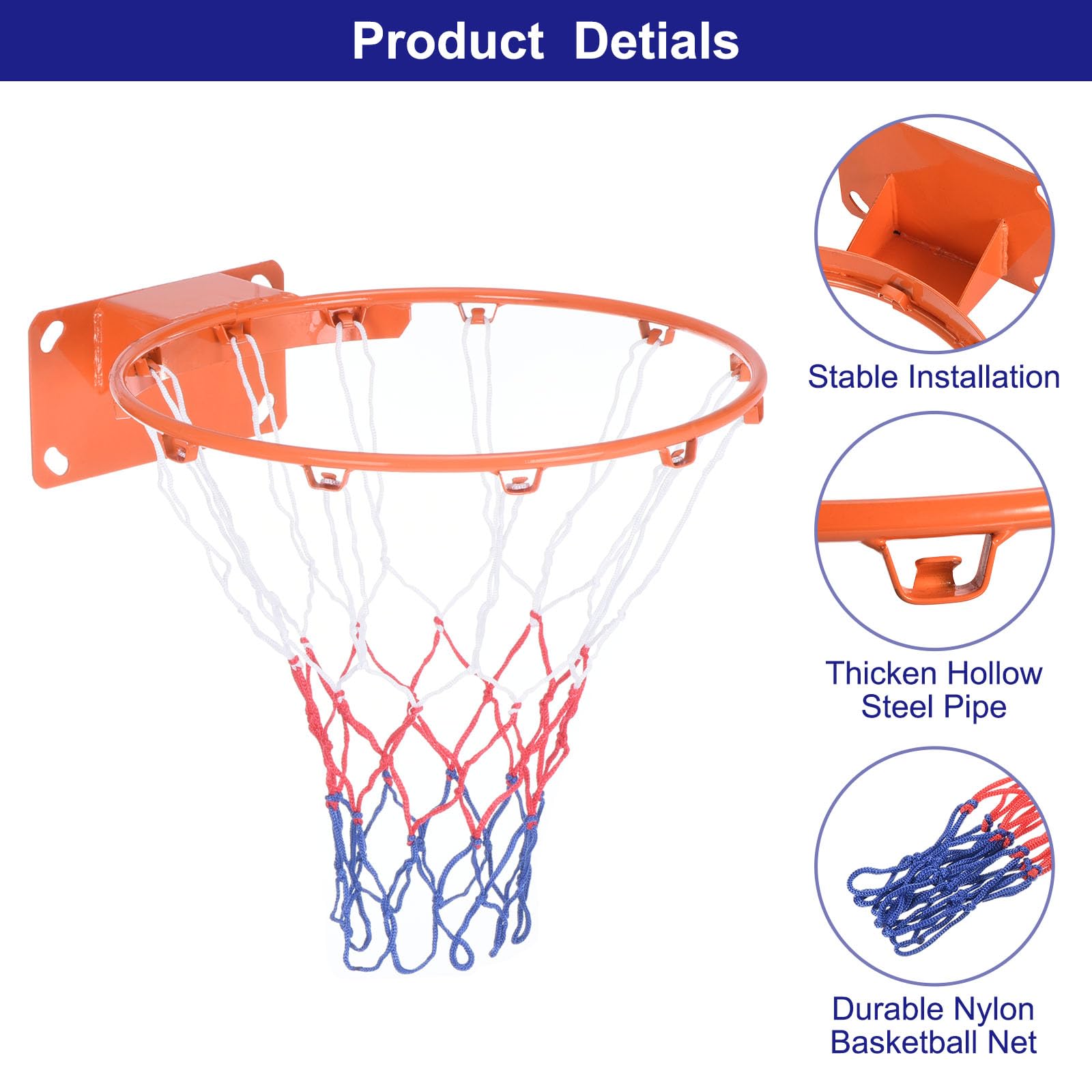 PATIKIL 18" Baloncesto Aro Reemplazo Tablero Montado Sólido Acero Naranja