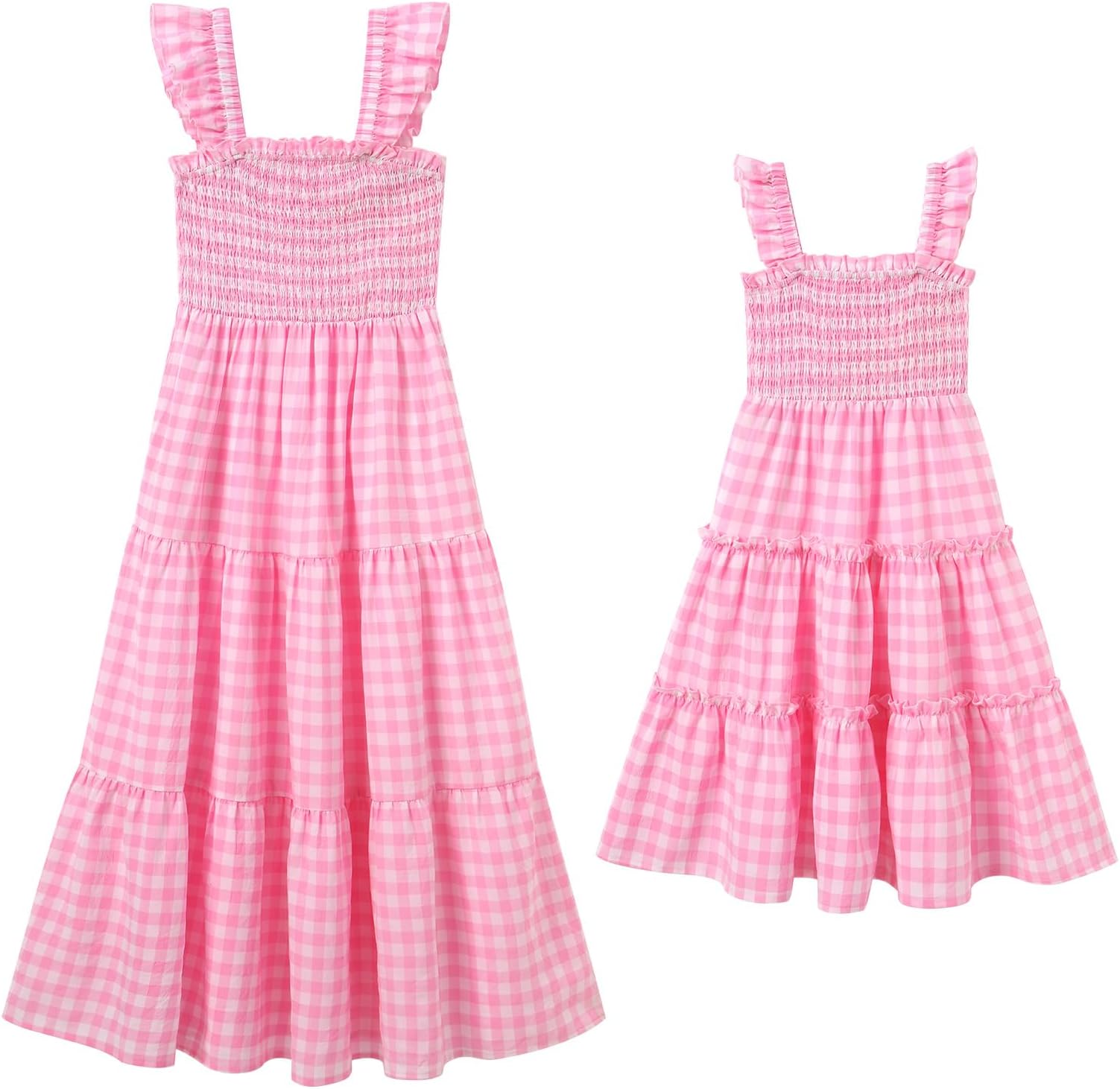 AWIBMKMommy and Me Matching Dresses Plaid Midi Dress Summer Square Neck Ruffle Flowy Beach Mom Daughter Outfits