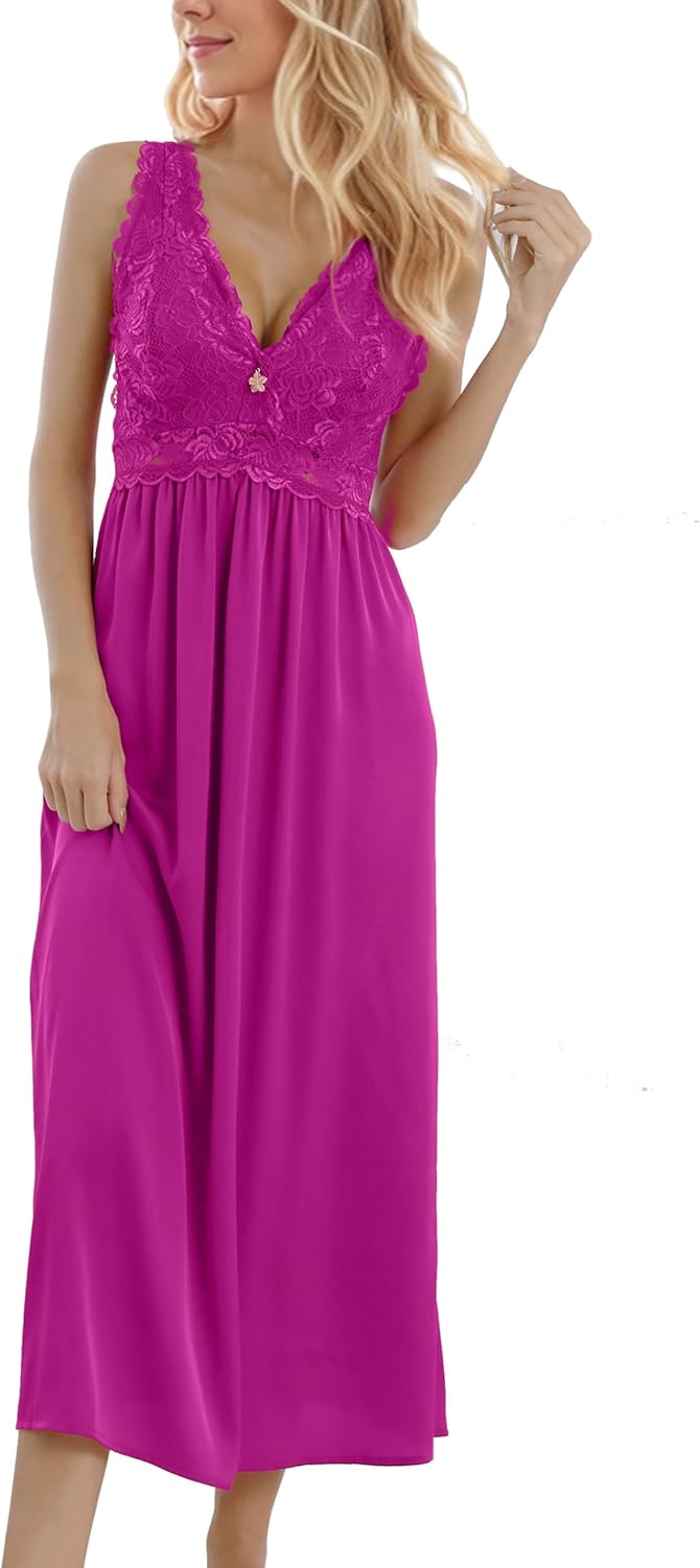 Mist Azur Womens Sexy Lace Long Lingerie Mesh Chemise V Neck Babydoll Nightdress with Thong Nightgown for Women