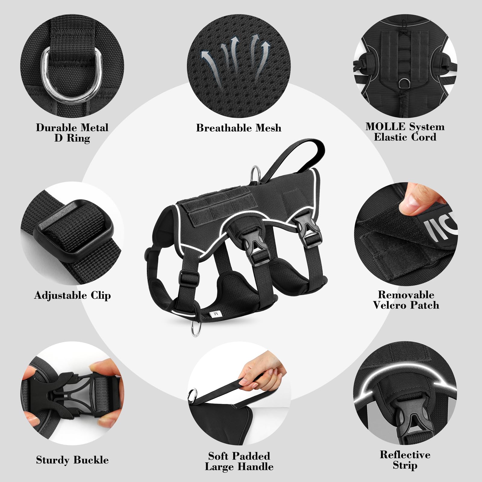 VOOPET Escape Proof Dog Harness, Soft Padded Full Body Pet Harness, Reflective No Pull Dog Harness with Handle and 2 Leash Clips for Medium Dogs Walking Hiking Training (Black,M) - image 5