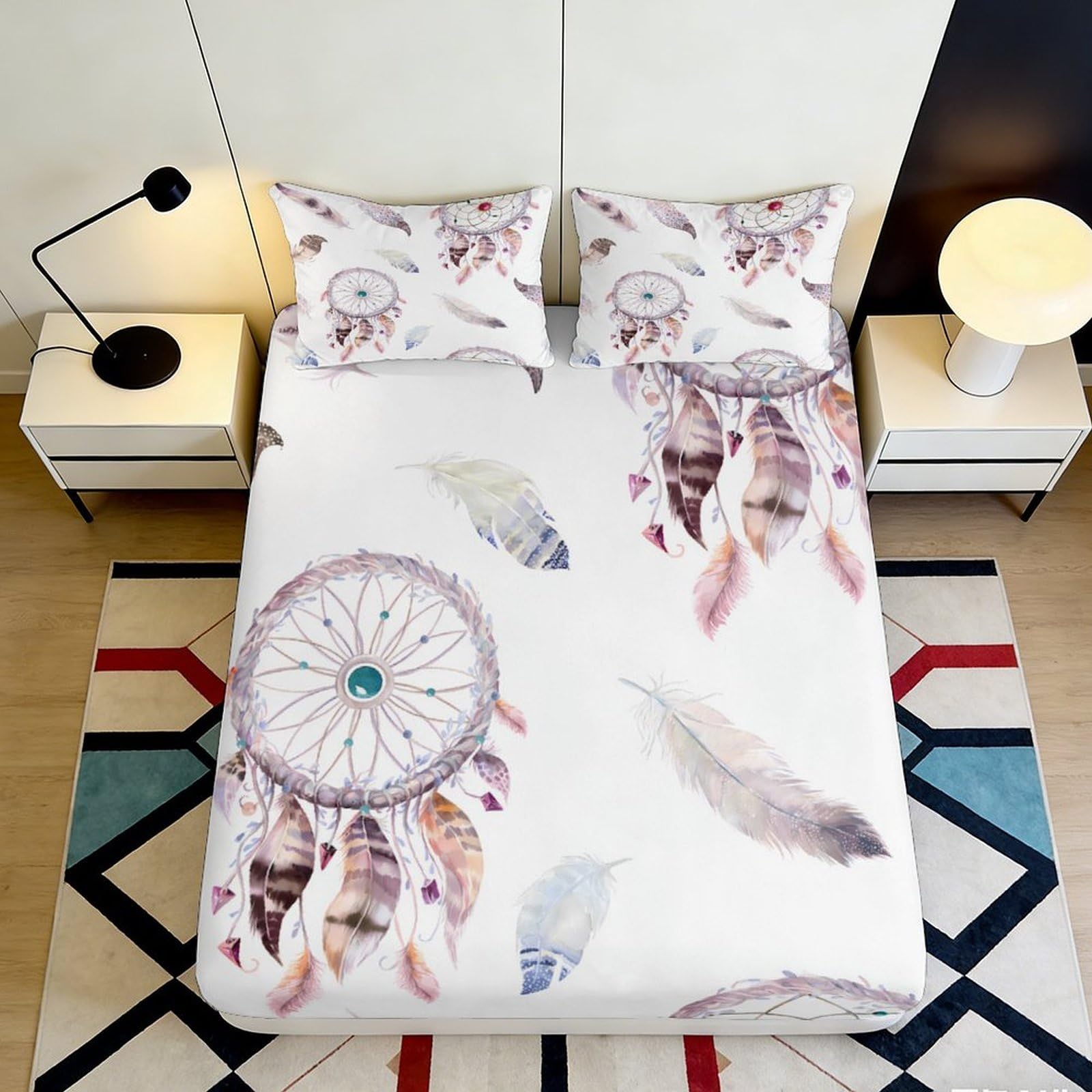 3D Printed Dreamcatcher Feather Fitted Sheet Microfiber Soft Breathable Boho Mattress Cover Bedroom Decor 140x200x25cm