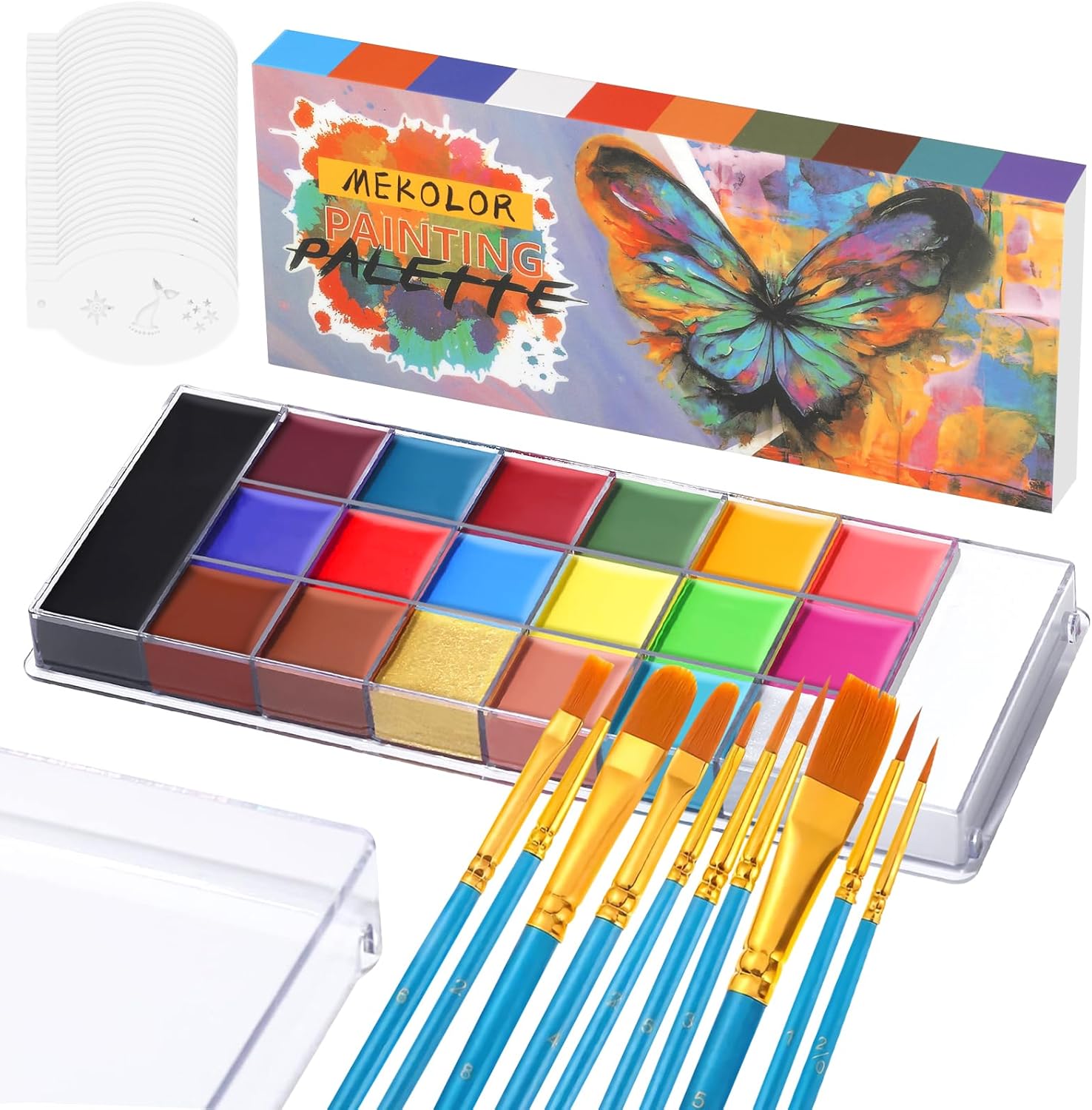 Body Paint Kit, 20 Kleuren Gezichtsschilderpalet, Gezichtsschilderset voor Kinderen met 10 Borstels 32 Sjablonen