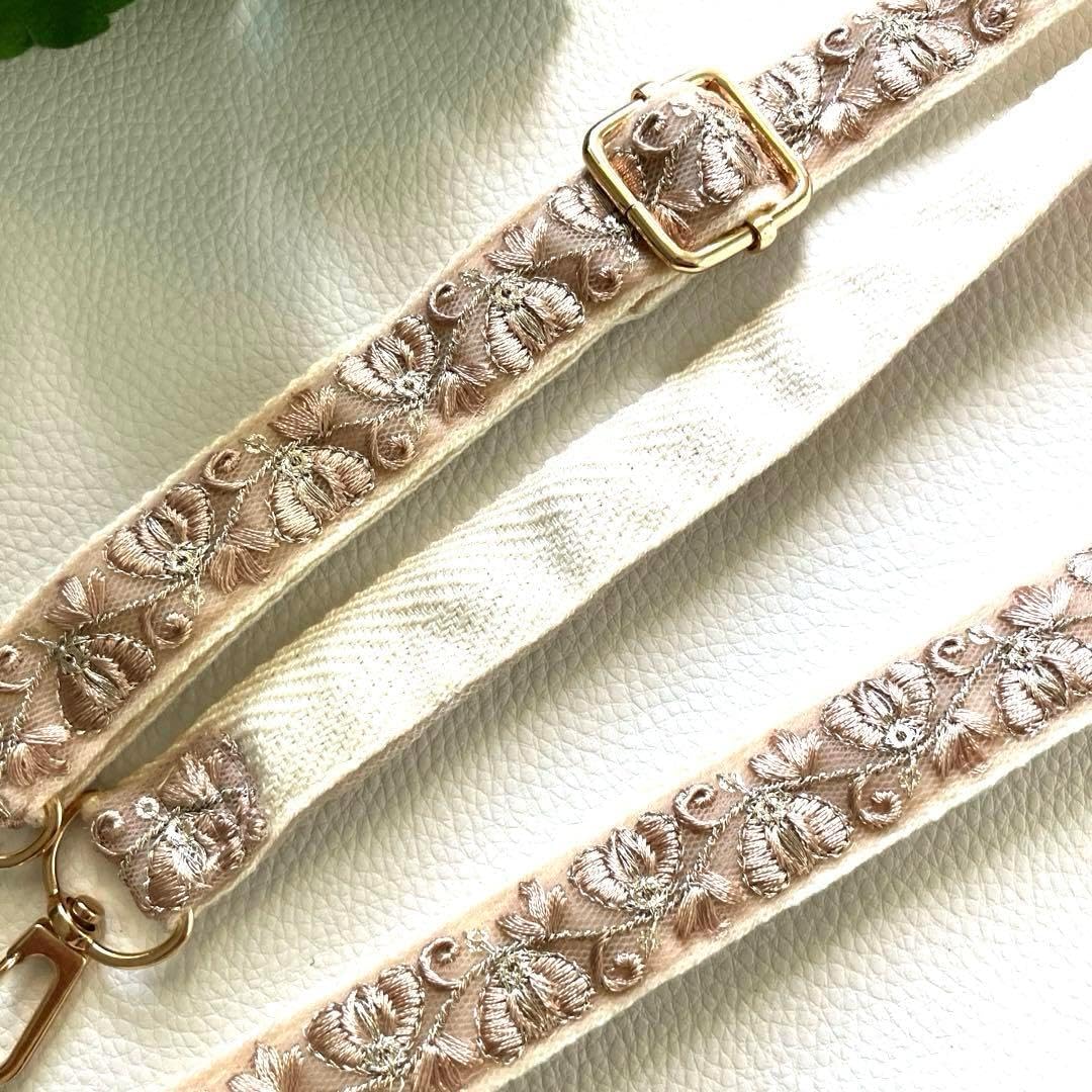 インド刺繍リボンショルダーストラップ スマホショルダー ベージュリボン 細め