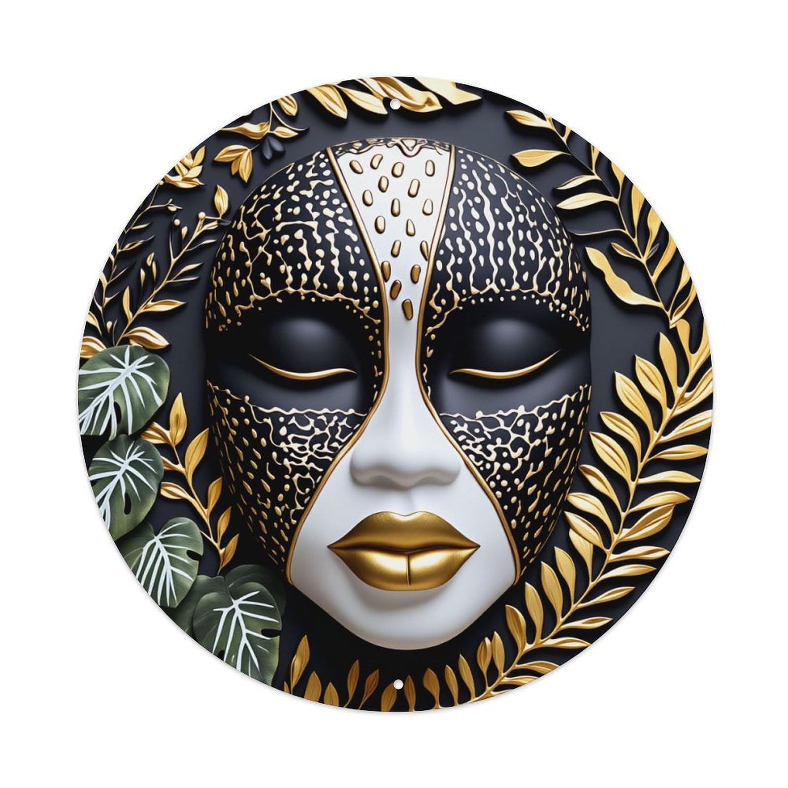 Black Gold Leaf Pattern Mask Round Tin Sign Vintage Metal Poster, Home Bar Garage Man Cave Cafe Indoor & Outdoor Wall Decoration 8x8Inches