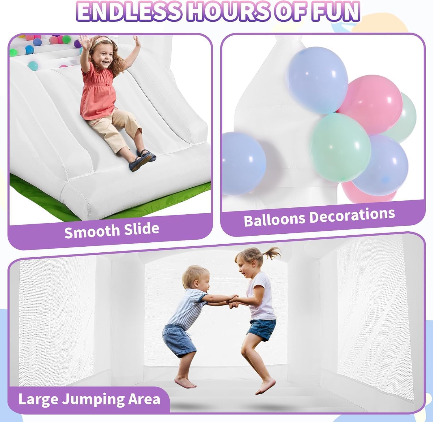 White Bounce House Indoor Outdoor Bouncy Castle for Kids Ages 3-8 Oxford Toddler Bounce House with Slide Balloon & Blower for 3 Kids, Children's Birthday Party Gifts (Bounce House)