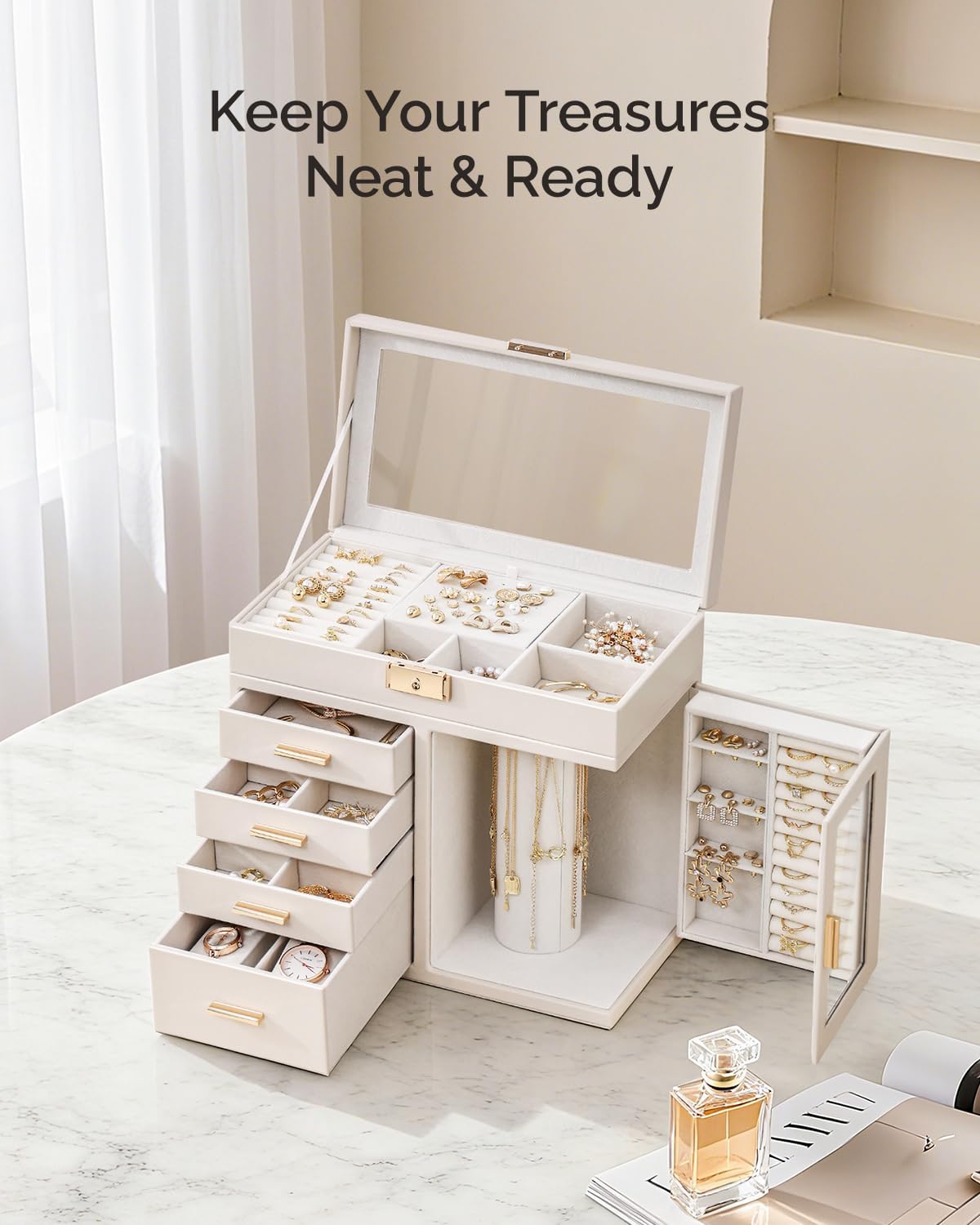 CASEGRACE 5 Layer Jewelry Box with 360° Rotating Necklace Holder, Clear Glass Lid Jewelry Organizer with 4 drawers for Earrings, Rings, Bracelets, Watches, Necklaces, Beige