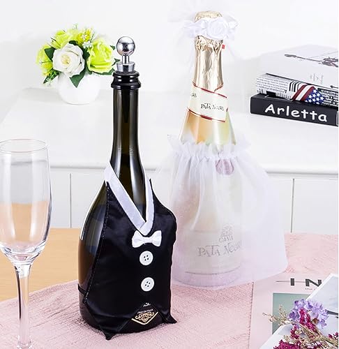 Miniatura 7 de Juego de 2 fundas para botellas de vino para novios, decoración de copas de vino, decoración de fiesta de boda, cubierta de vino champán, para boda,