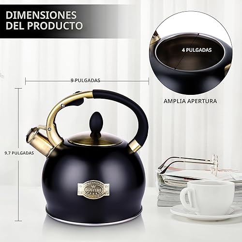 Miniatura 6 de SUSTEAS Tetera Silbante para Estufa - Tetera de Té de Acero Inoxidable Grado Alimenticio con Mango Ergonómico de Toque Frío, Con 1 Guante de Negro