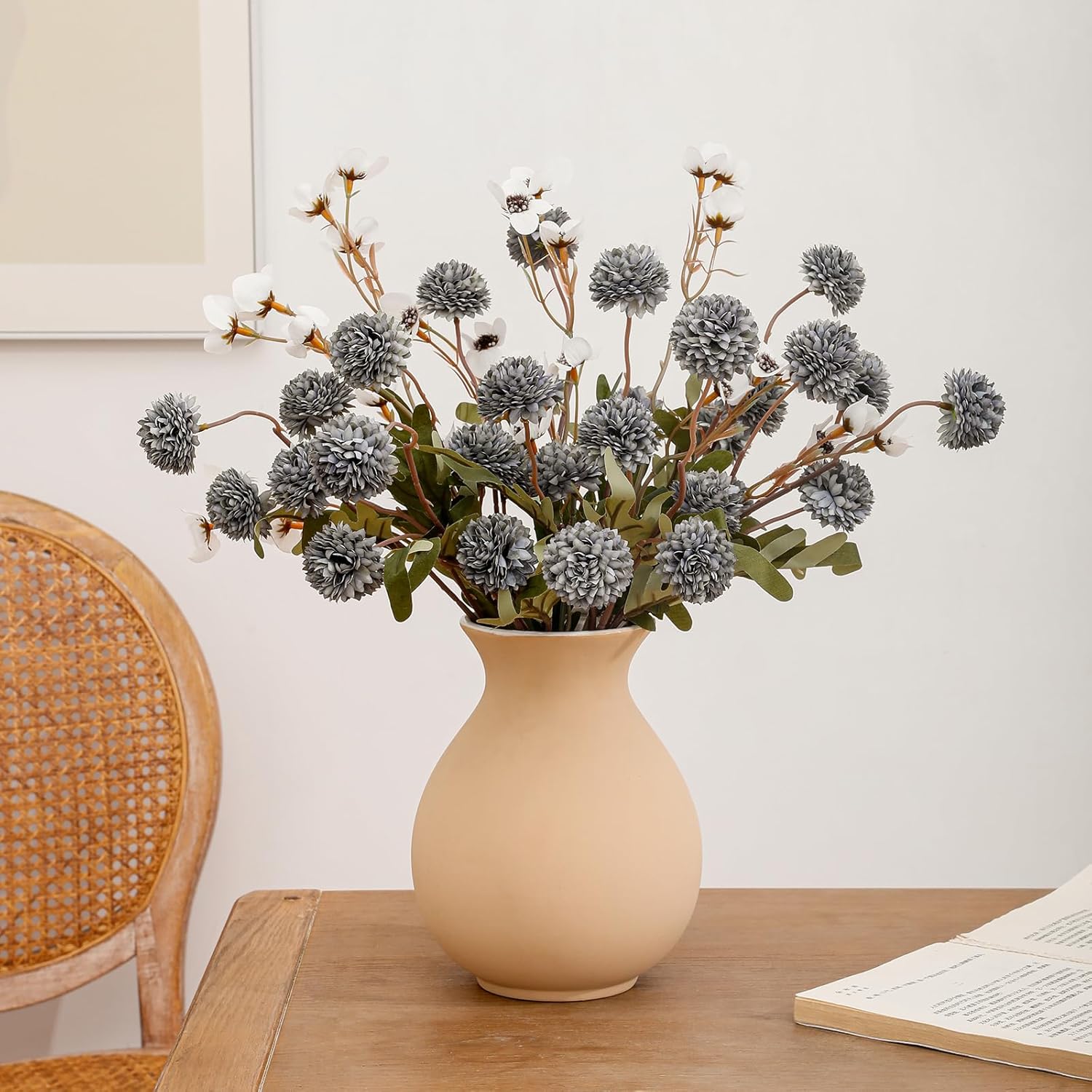 Faux Flowers for Vase,8 pcs Artificial Pom Pom Chrysanthemum Flowers with Wild Flowers,Spring Floral Stems Arrangements for Home Decor, Centerpieces for Tables, Rustic Decorations