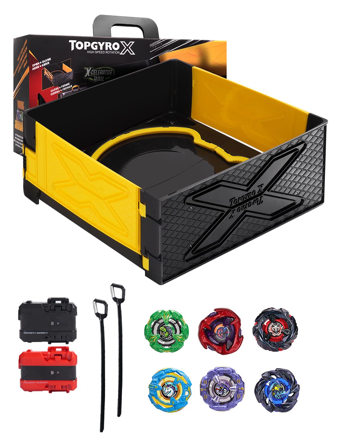 BGOVTAPO Foldable X Stadium | Portable Battle Arena with 6 Spinning Tops, 2 Launchers & carry handle | Classic Yellow Design | Gift for Kids 6+