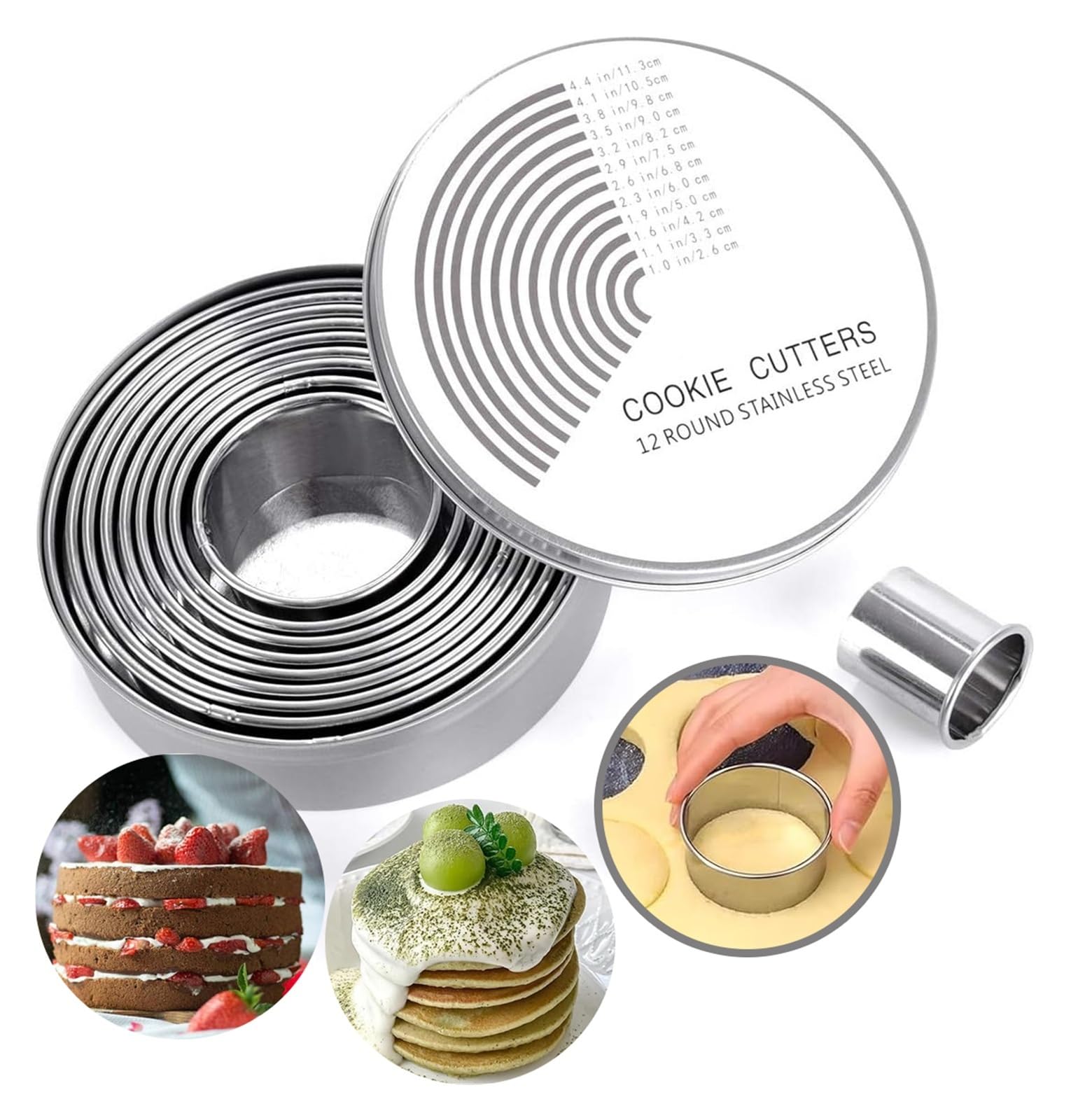 Juego de cortadores de galletas redondos de 12 Uds., moldes for rosquillas de pastelería graduados de acero inoxidable 18/8 de calidad alimentaria for hornear, cocina DIY(12Pcs Round Cookie)