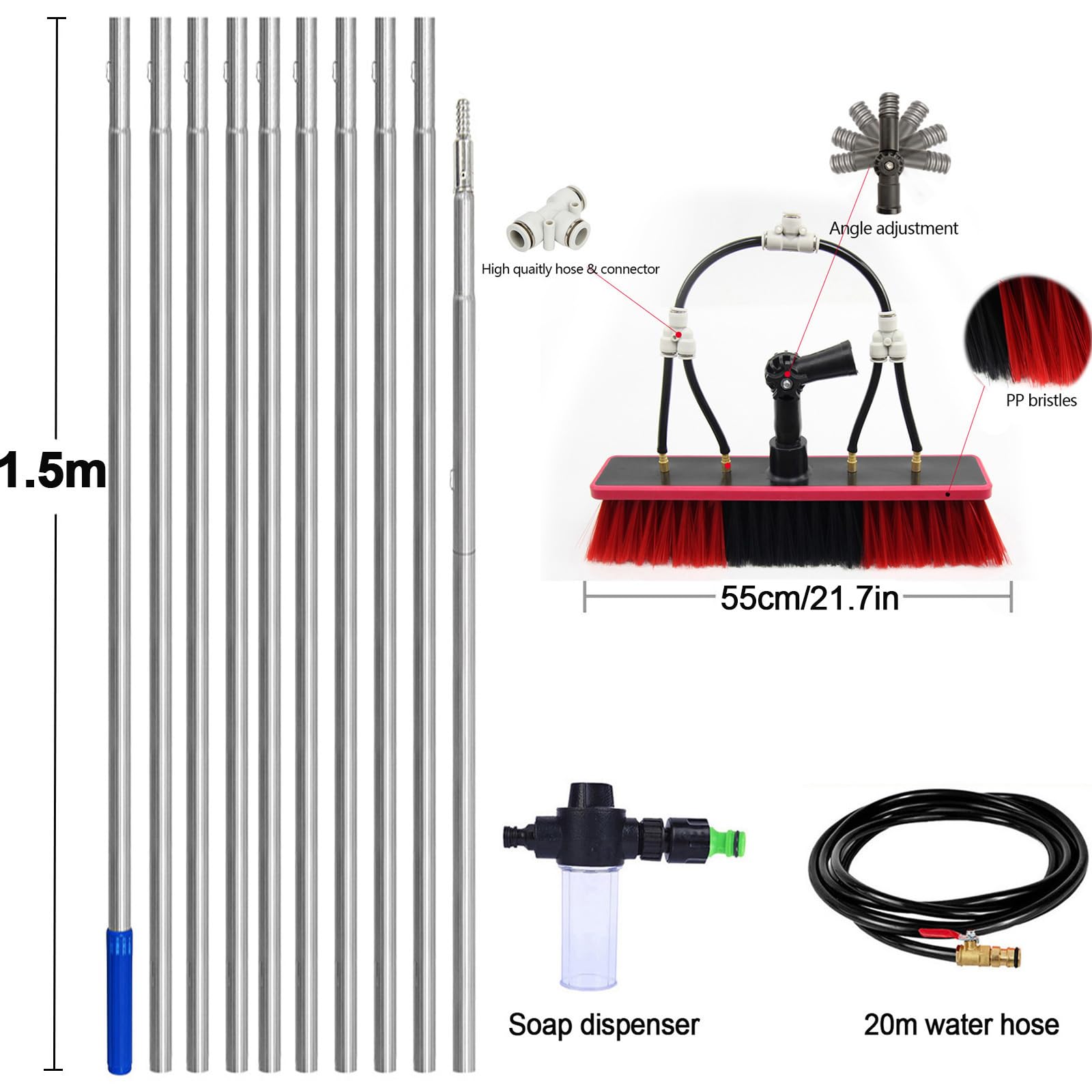 Genérico Cepillo telescópico para Ventanas, 3 m - 13,6 m, hidrolimpiador telescópico, dispensador de jabón, Paneles solares, Kit, Lavado de Camiones, autobuses y Coches (55 cm, 13,6 m)