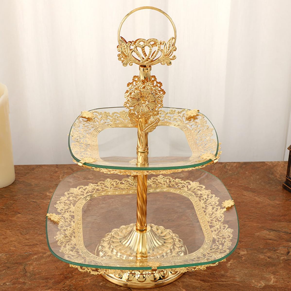 Gatuida Doppellagiger Speiseteller aus Glas und Eisen Goldfarben für Obst und Desserts im Klassischen Europäischen Stil Quadratisch mit Breitem Rand