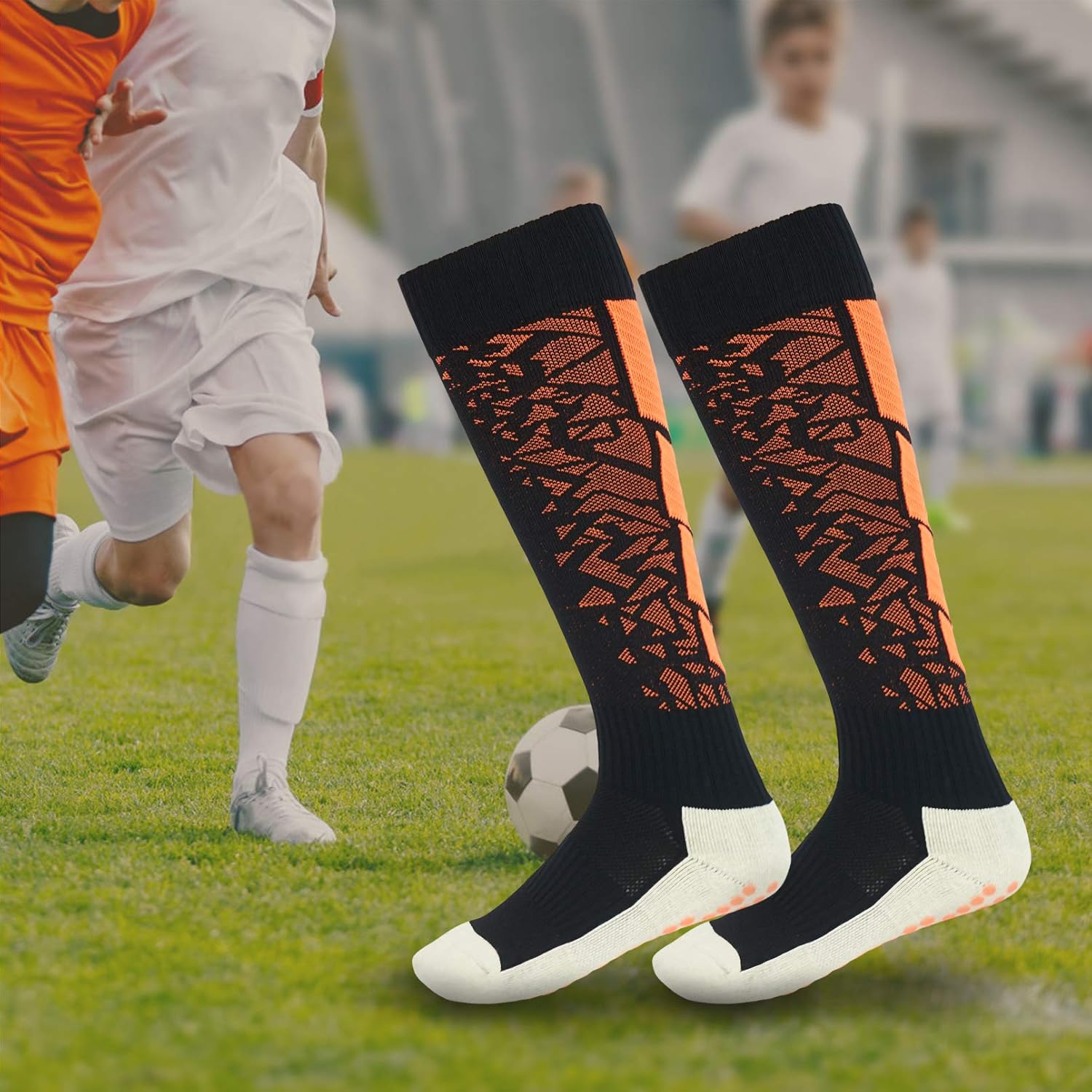 Luwint Knee-High Non Slip Compression Sports Socks, 1 Pair (Orange/Black) - Image 6