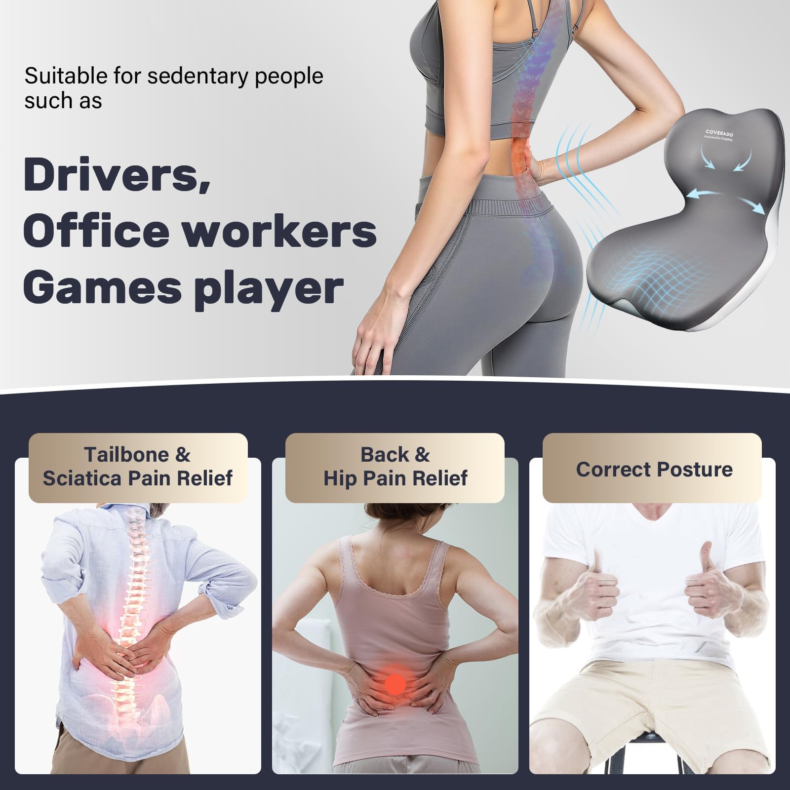 Coverado Sitzkissen und Lendenwirbelstützkissen einteilig für Bürostuhl und Autositz, Ergonomisches Memory-Schaum Rückenstütze Kissen, Ischias und Rücken und Tailbone Pain Relief Kissen