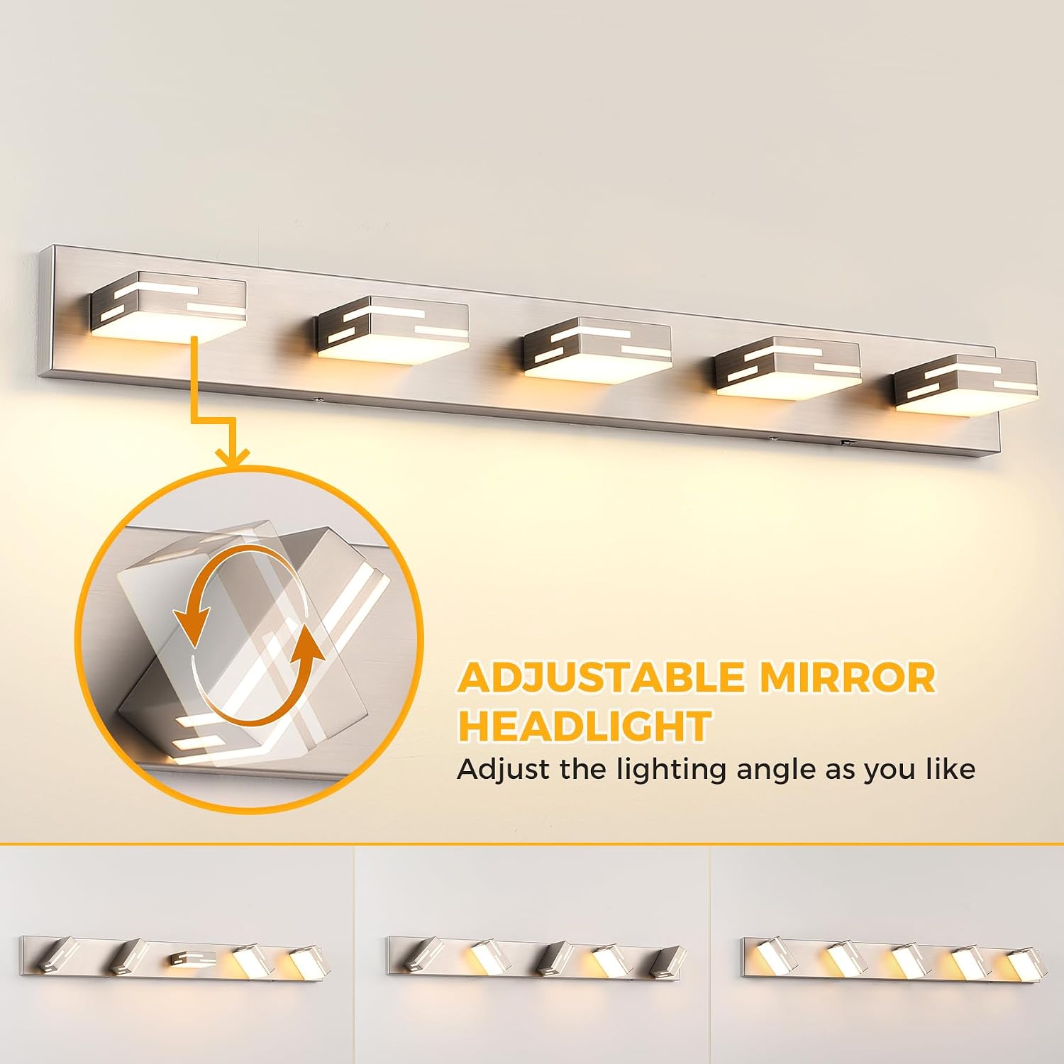 5-Light 5CCT Modern Bathroom Vanity Light Fixtures, 40-Inch 350° Rotatable LED Vanity Lights Over Mirror, Dimmable Brushed Nickel Wall Sconce with Frosted Acrylic Shade