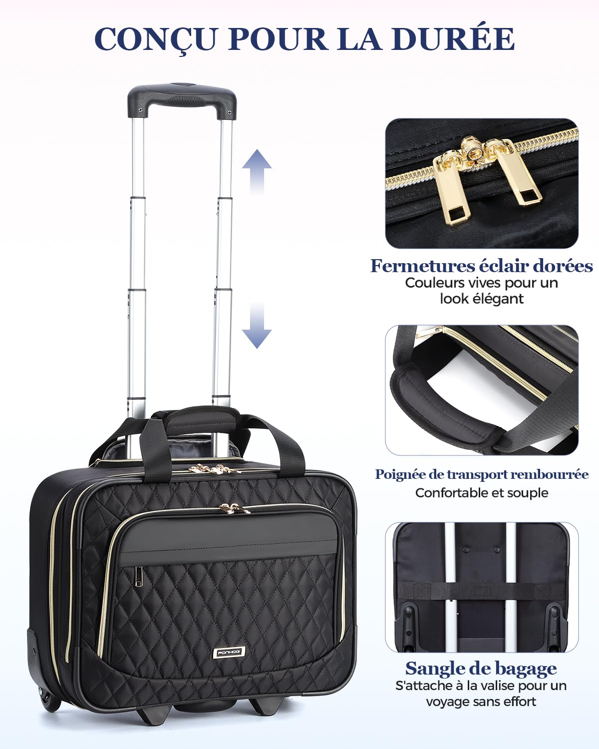 Ponhog Sacoche à roulettes pour Ordinateur Portable 15,6 Pouces, Business Trolley Sac de Voyage Femme Souple pour Affaires et Loisirs Les Voyages, Le Travail et l'école, Noire