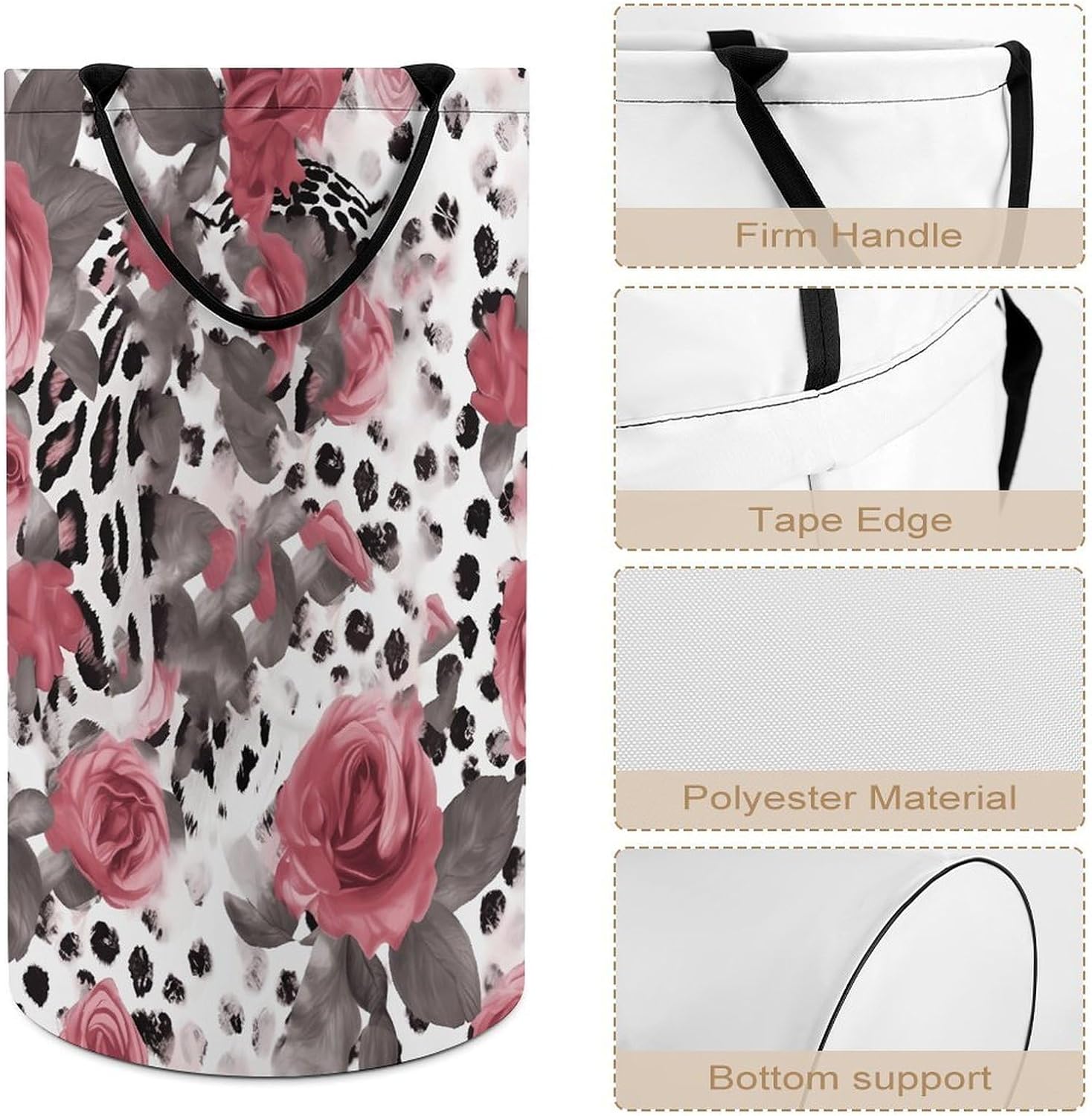 Large Laundry Hamper with Handles Rose Mix Leopard Pattern Laundry Basket Freestanding Waterproof Clothes Hamper for Living Room Bedroom Bathroom College Dorm