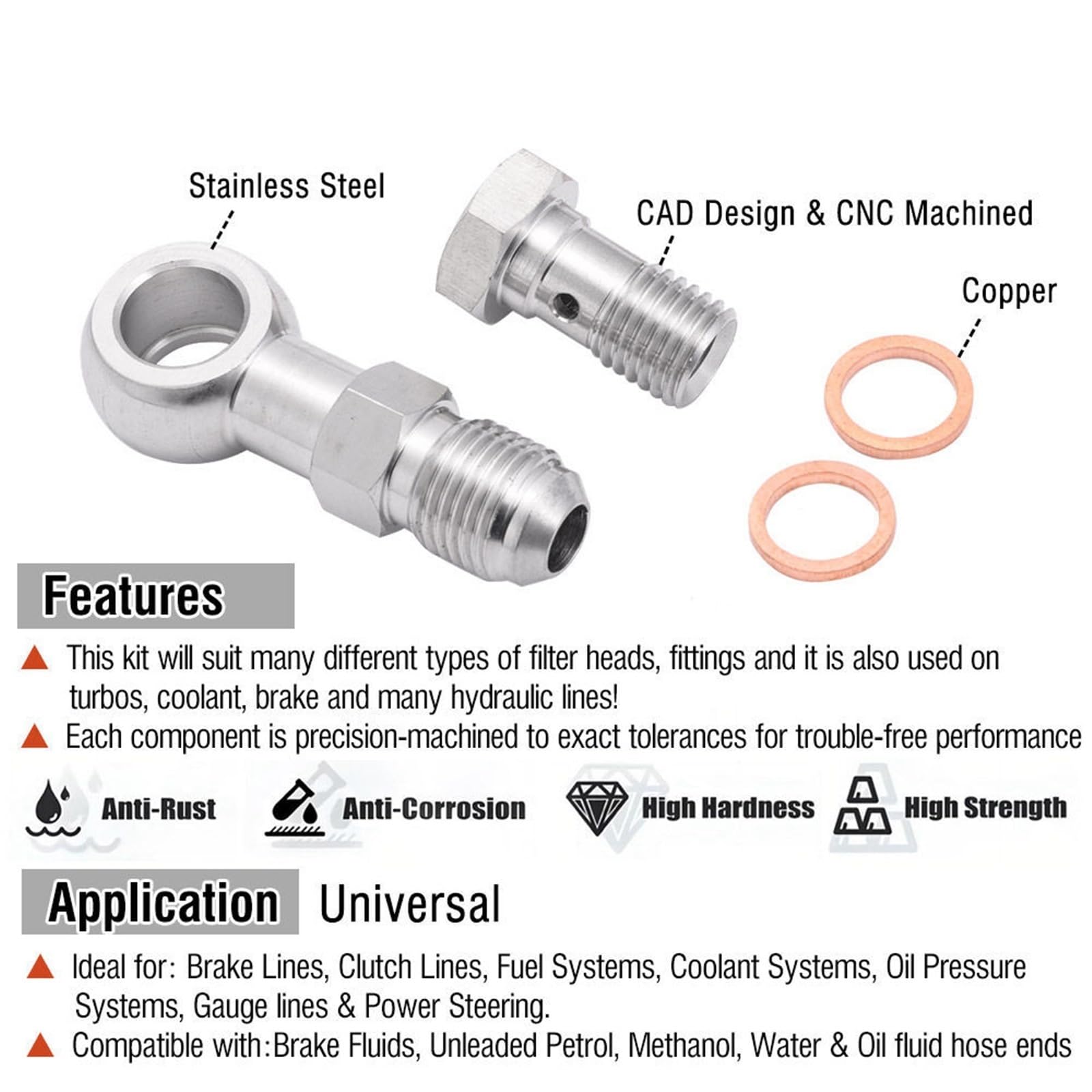 Verschraubungen Raccord de conduite frein universel en acier inoxydable M10 / M11x1,0 M12 M14x1,5 vers AN4 ou AN6-6, boulon banjo cannelé EPCGQ240(M10x1.0 mm To AN4)
