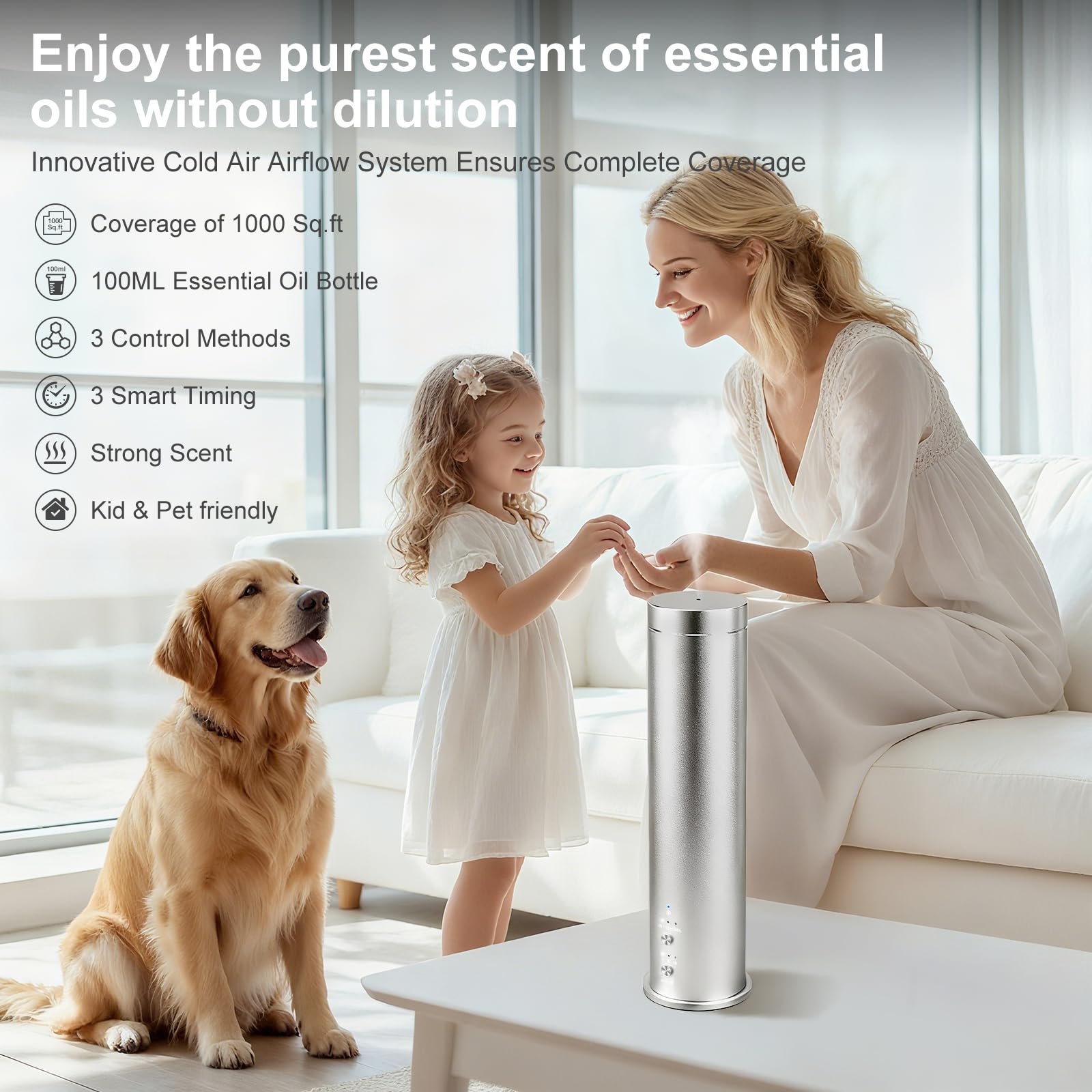 Diffusore di oli essenziali senz'acqua per la casa, l'ufficio, l'hotel e le terme, diffusore di oli profumati per aromaterapia, telecomando, timer, argento