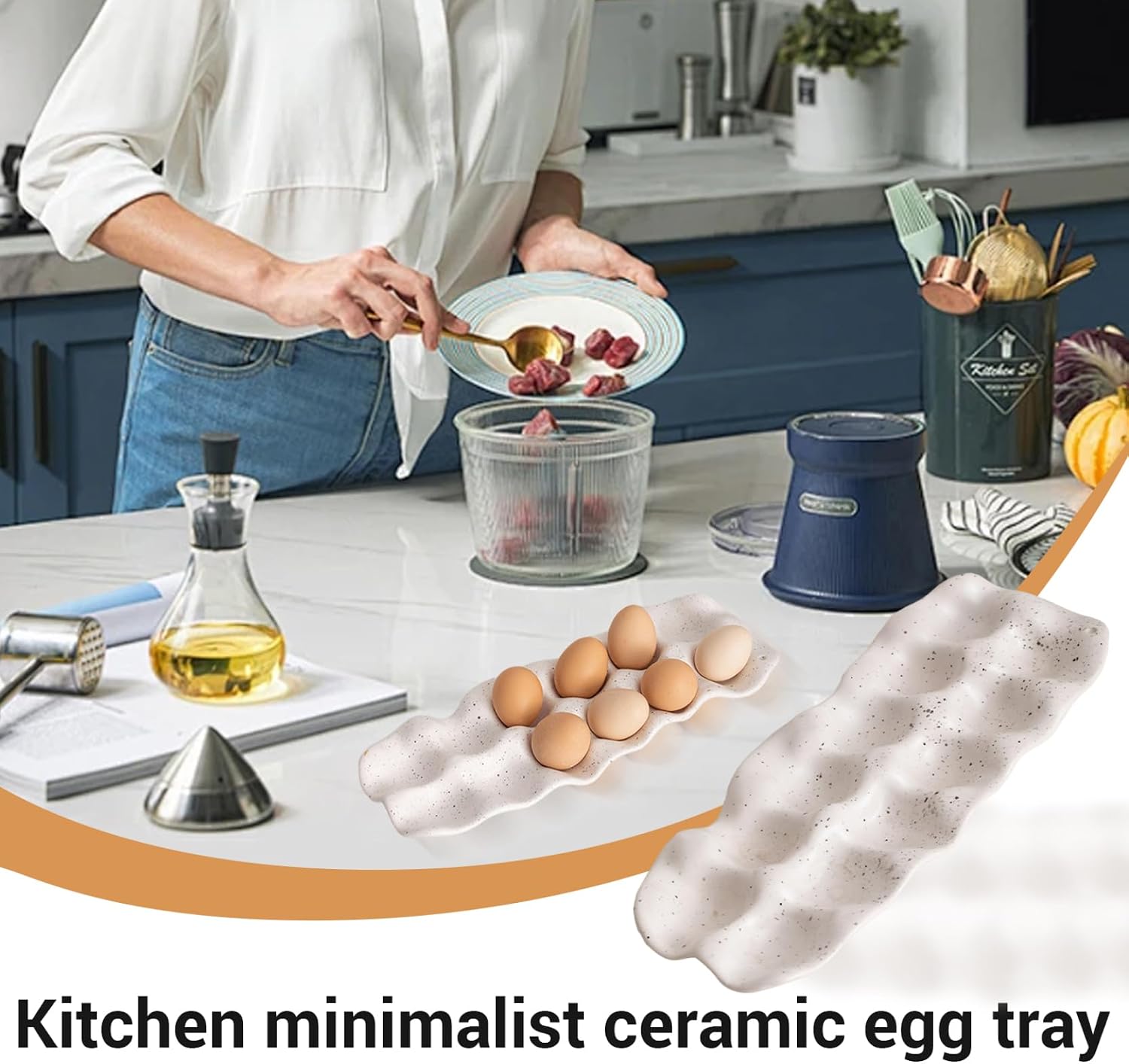 Ceramic Egg Holder, 12 Capacity Egg Holder Countertop with Wave, White Ceramic Eggs Tray for Kitchen Counter Organization, Countertop