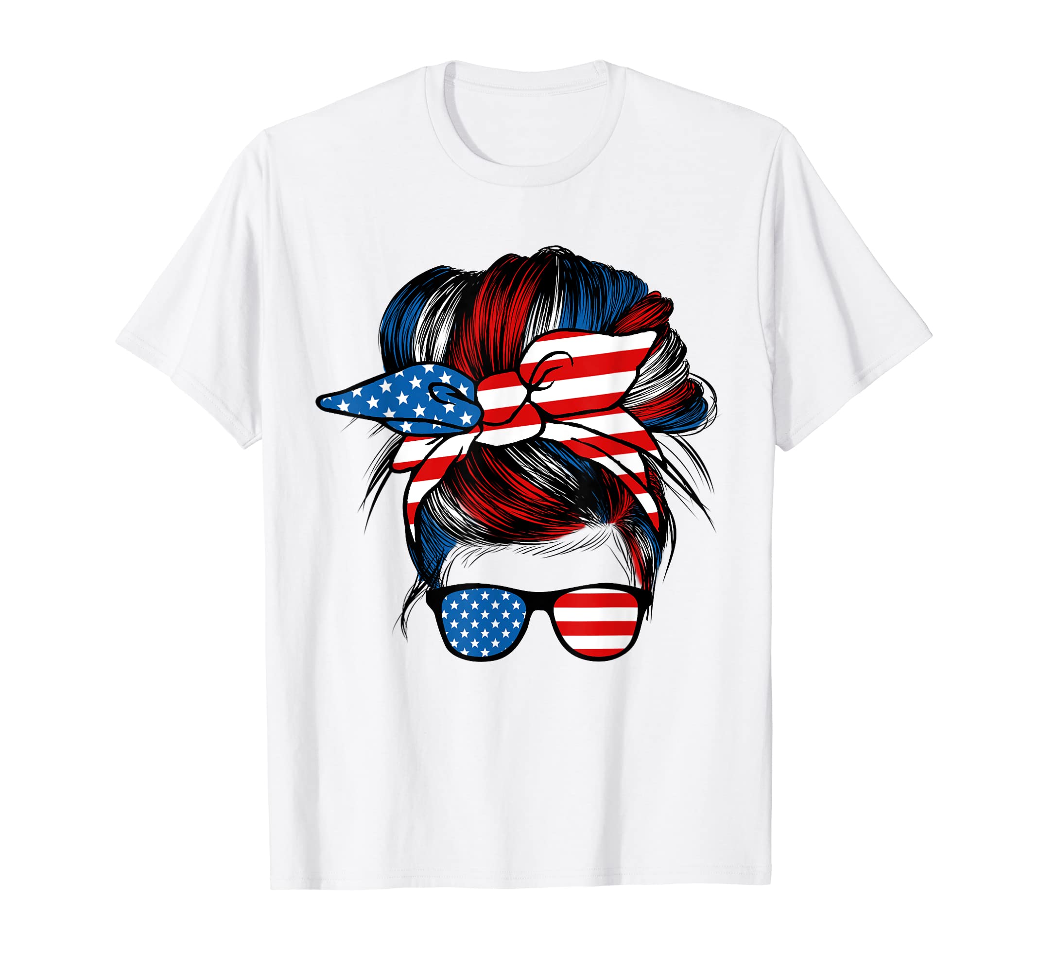 American USA Flag Mom Messy Bun 4th of July ShirtsMessy Bun American Flag Glasses 4th Of July Patriotic Mom T-Shirt