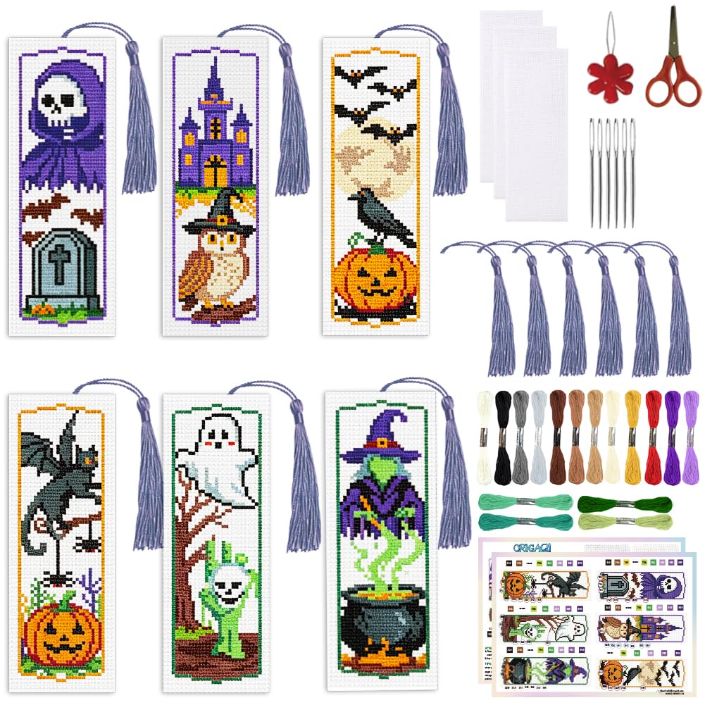 ORIGACH 6 Set Halloween Spooky Character Cross Stitch Bookmark Kit for Beginner with Backing Felt Tassel Floss Instructions DIY Stamped Embroidery Bookmark Kit for Adults, Book Lovers