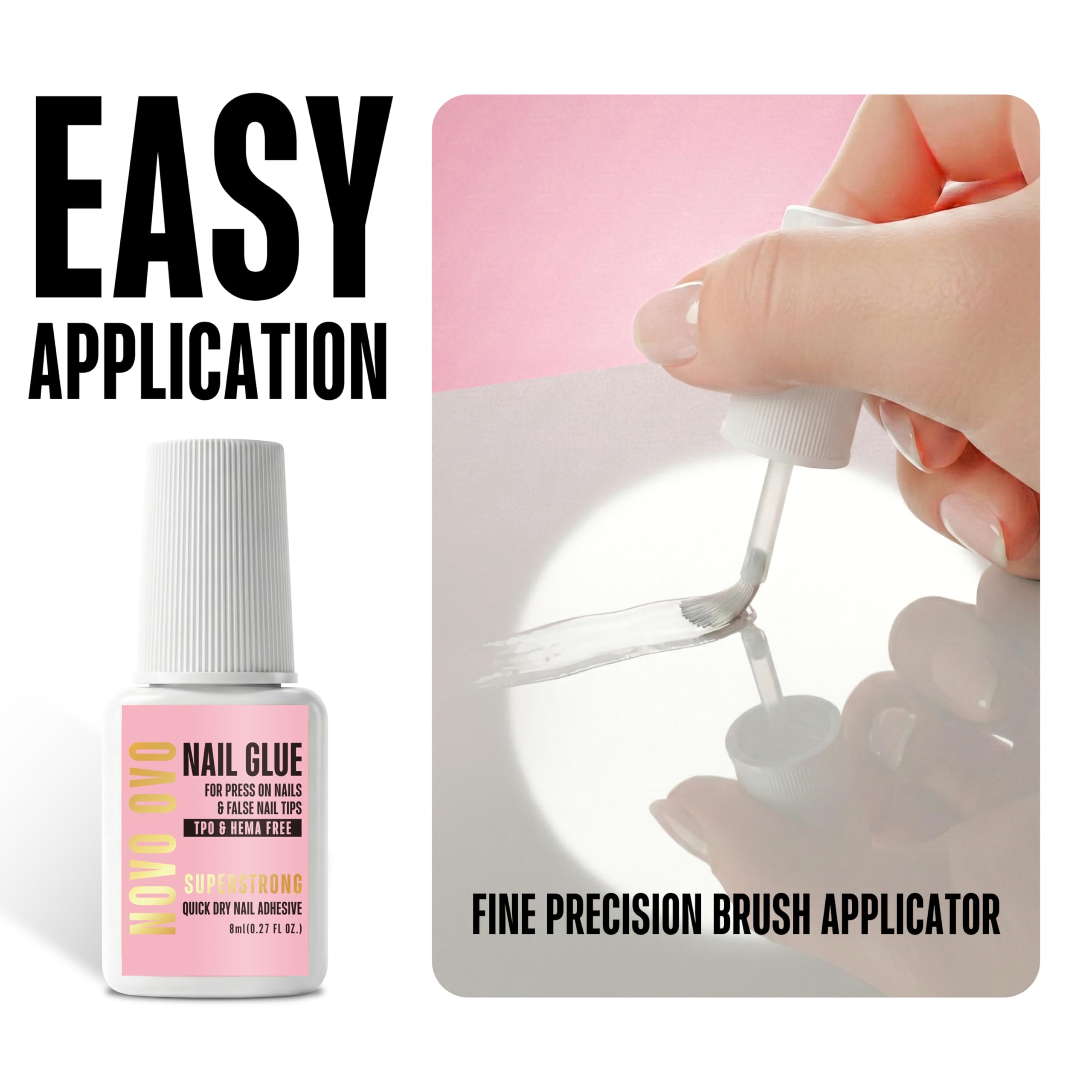 NOVO OVO Klej do paznokci Extra Mocny do Press On Nails i Tipsów (8 ml) – TPO i HEMA FREE. Brush On Nail Glue do sztucznych paznokci, akrylu i pękniętych paznokci. 21+ dni trzymania, 8 s czas