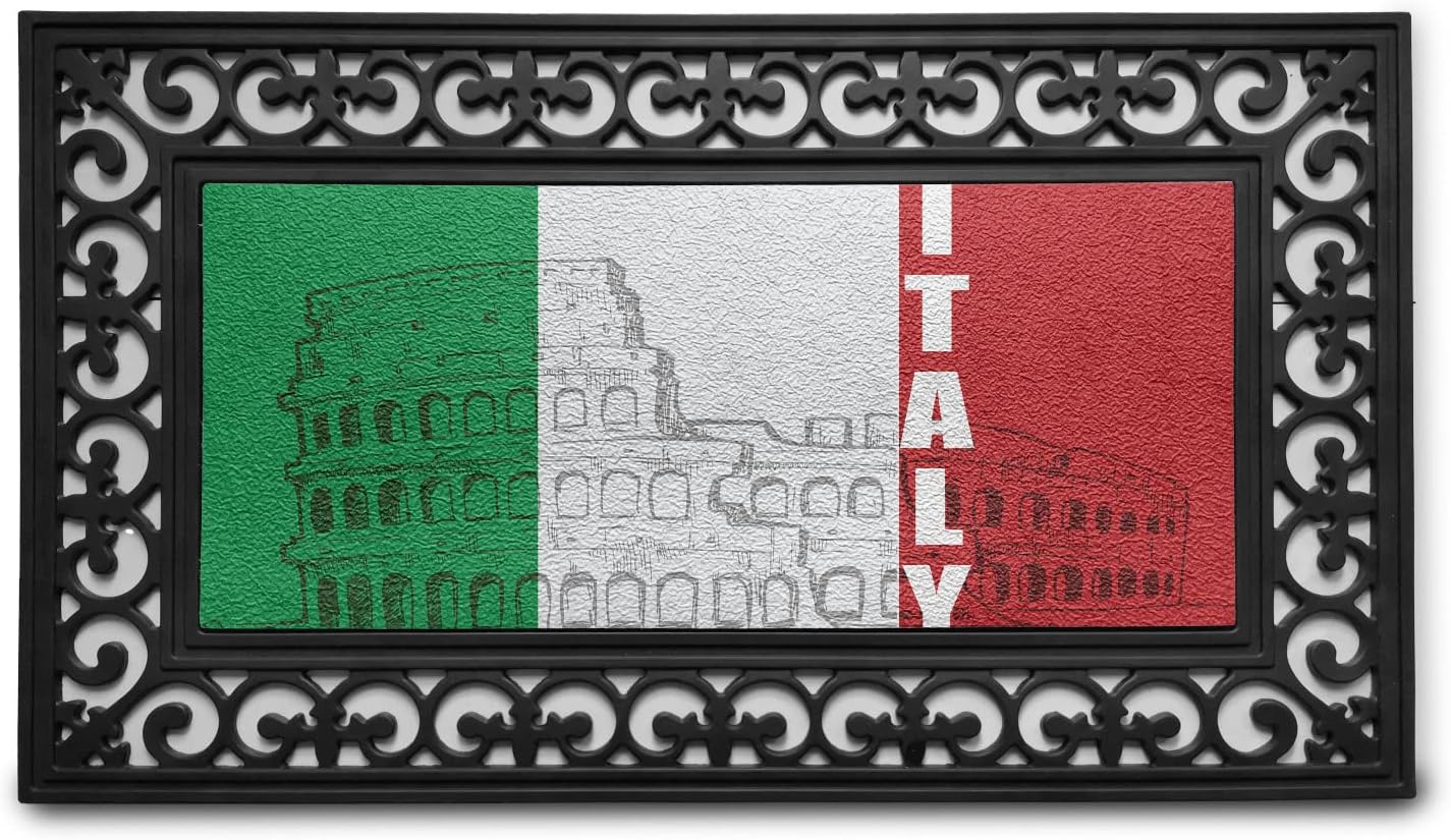 LunarableLunarable Italian Flag Doormat, Roma Landmark Colosseum Heritage Cityscape Civilization Image, Rectangle Entryway Welcome Mat for Front Door & Backyard, 17.3" x 29.3", Green Grey Ruby