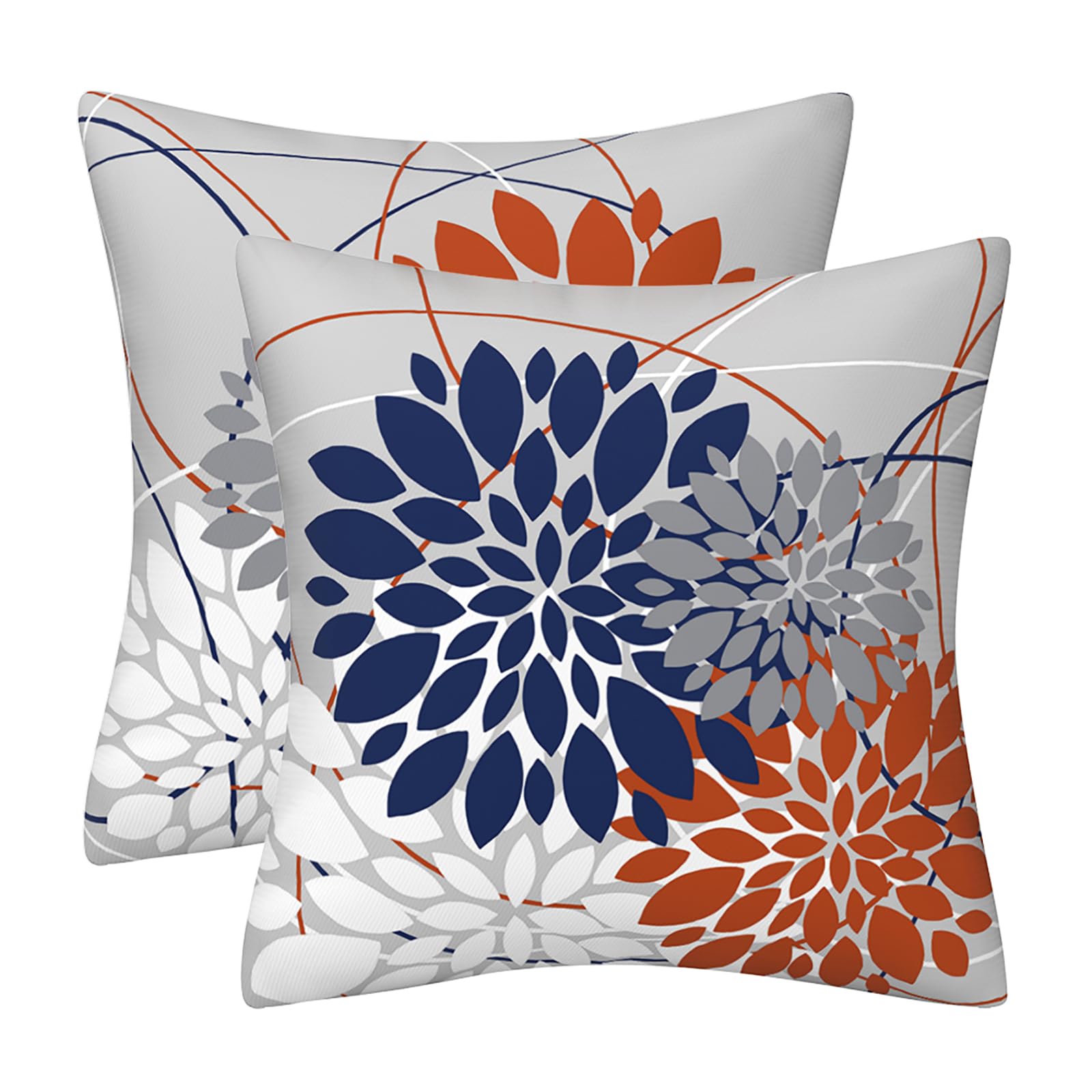 Drmstow Blue Orange Pillow Covers 18x18 Inch Dahlia Throw Pillows Spring Summer Geometric Floral White Gray Cushion Cases Farmhouse Outdoor Home Decor for Couch Bed Living Room, Set of 2 — image 1
