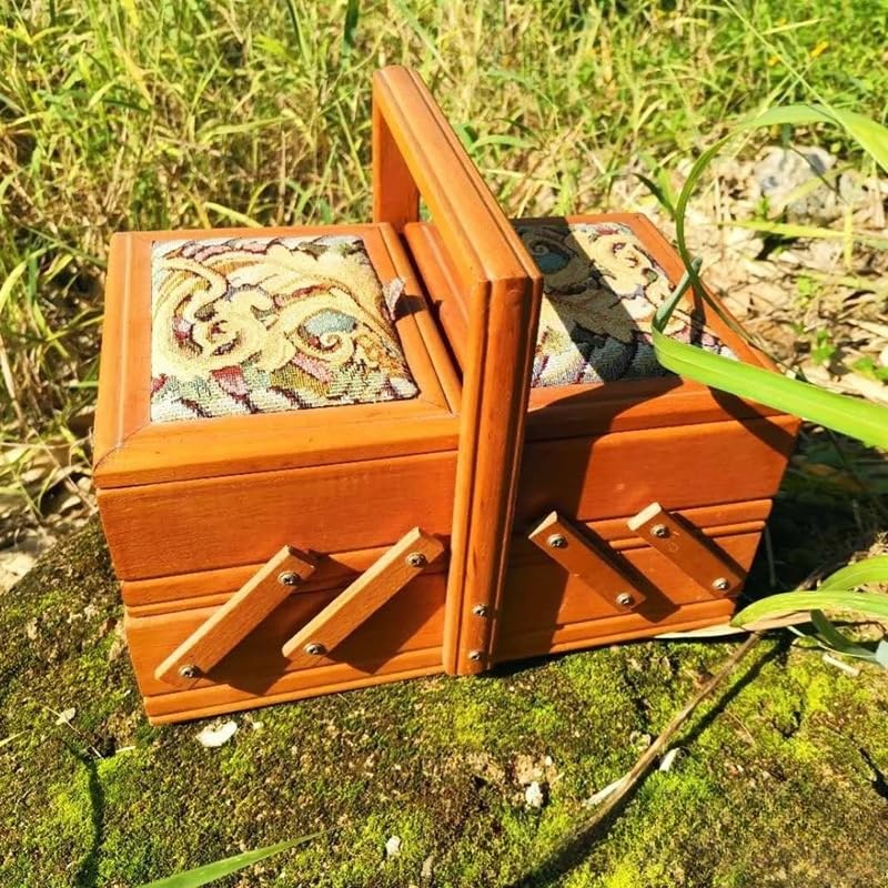 Drewniany kosz do szycia, Drewniana skrzynka na przybory do szycia 24x13,5x15 cm, rozszerzalna, wielokomorowa, organizer do robótek ręcznych, artykuły krawieckie