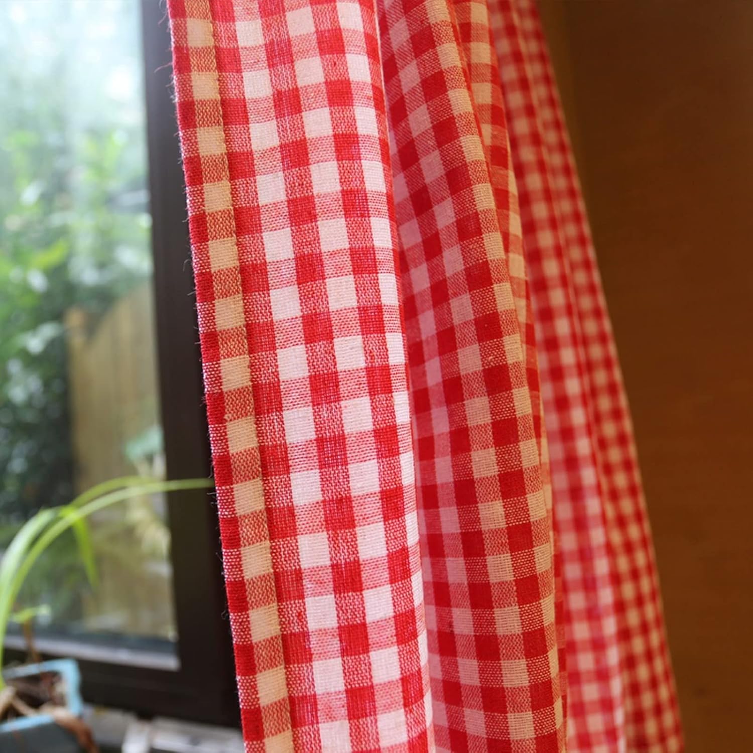 A.Monamour Short Curtain for Small Window Opaque Cotton Red White Check Plaid Gingham Window Treatment Valance Window Panel Drapes Half Curtain for Kitchen Café Bedroom Cabinet Curtain Door Curtain