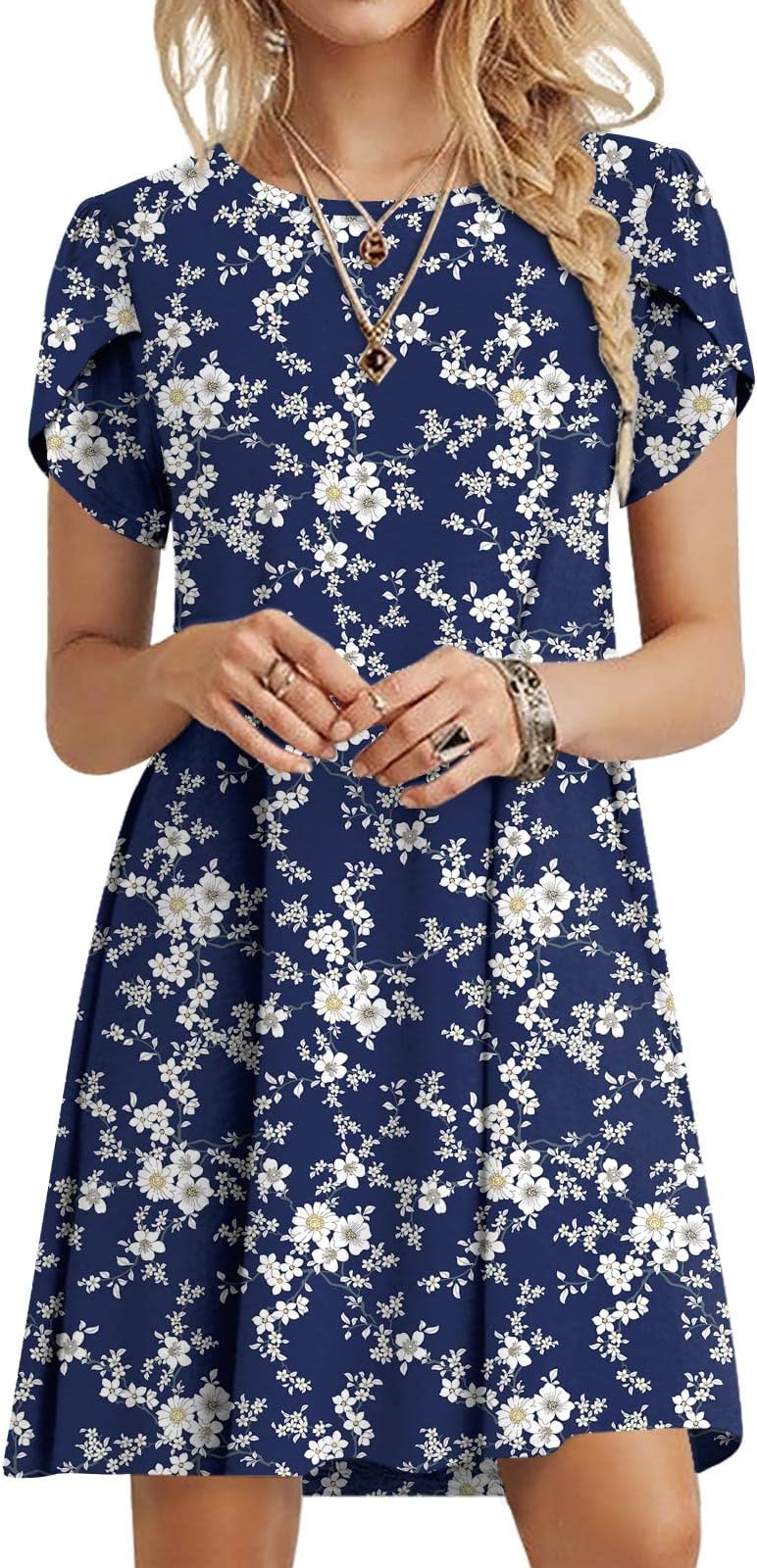 HOTGIFT2024 Womens Summer Short Sleeve Dresses Casual Loose Crewneck Dress Swing Comfy Beach Sundress with Pockets