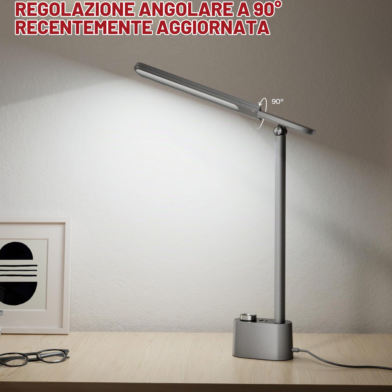 Honeywell Lampada LED compatta H01 Pro porta di ricarica A+C | CRI≥95, 3000K-5500K, bassa luce blu, senza sfarfallio, lampada da tavolo moderna per camera da letto, grigia