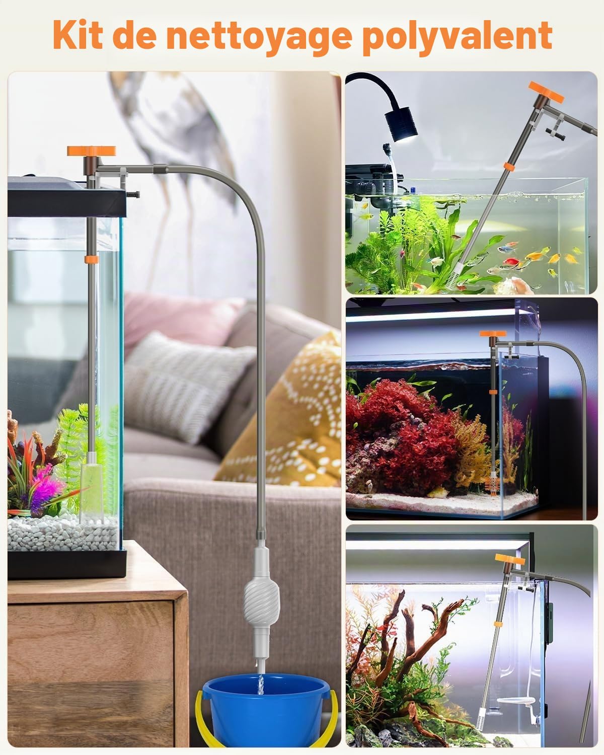 Pawfly Kit de changement d'eau d'aquarium 3 en 1 avec tuyau de 2 m de long et tube extensible - Outil de nettoyage manuel pour changement d'eau, lavage et entretien du sable