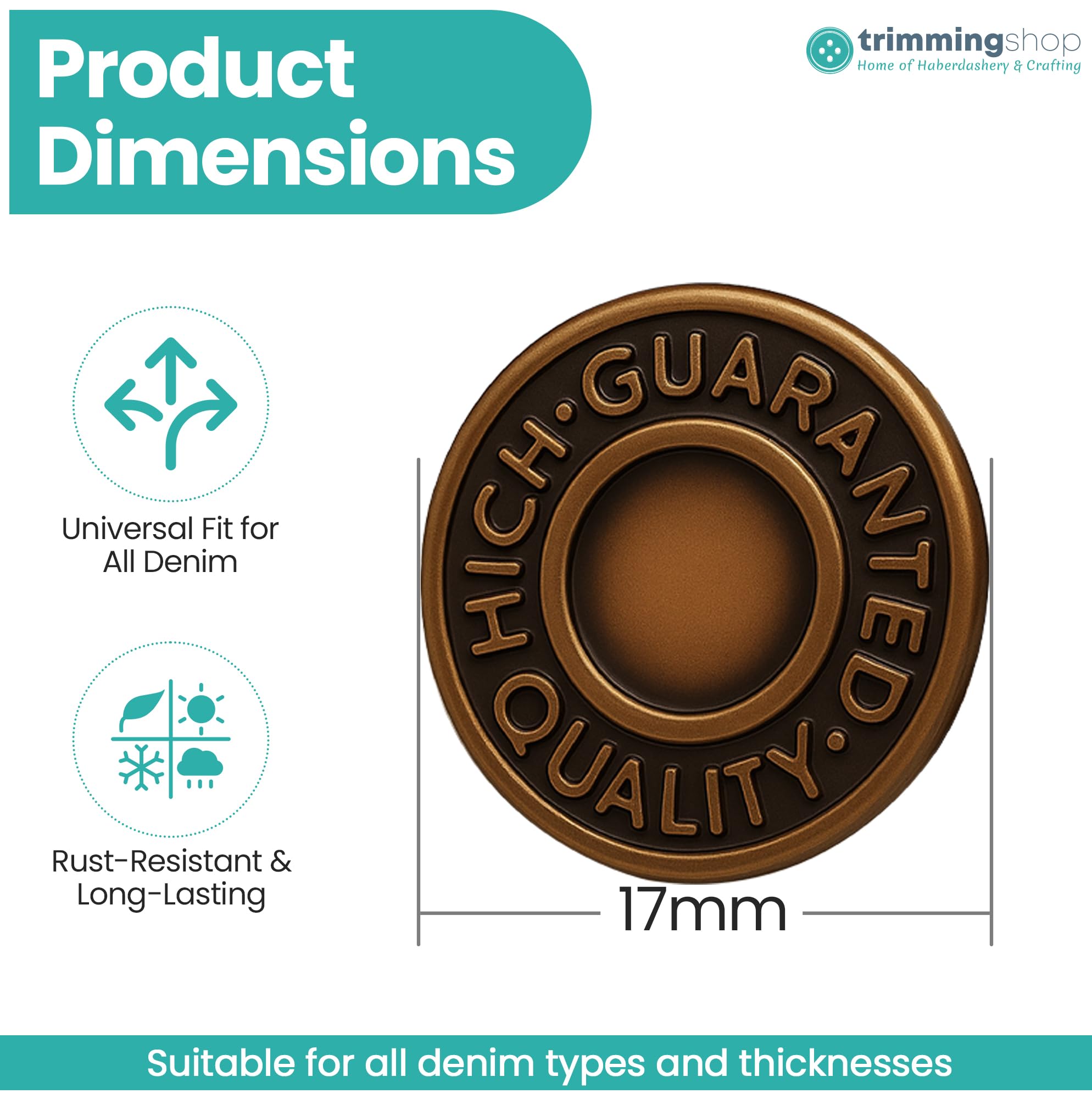 Trimming Shop Bottoni Jeans In Ottone Bronzo Scuro 17mm - Kit Fissaggio Con Perno Per Riparazione Abbigliamento, Denim, Giacche, Confezioni Multiple